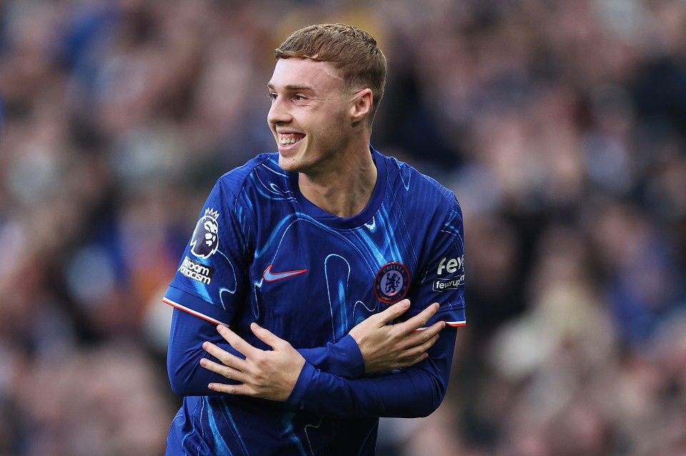 Cole Palmer of Chelsea celebrates scoring his team's second goal.