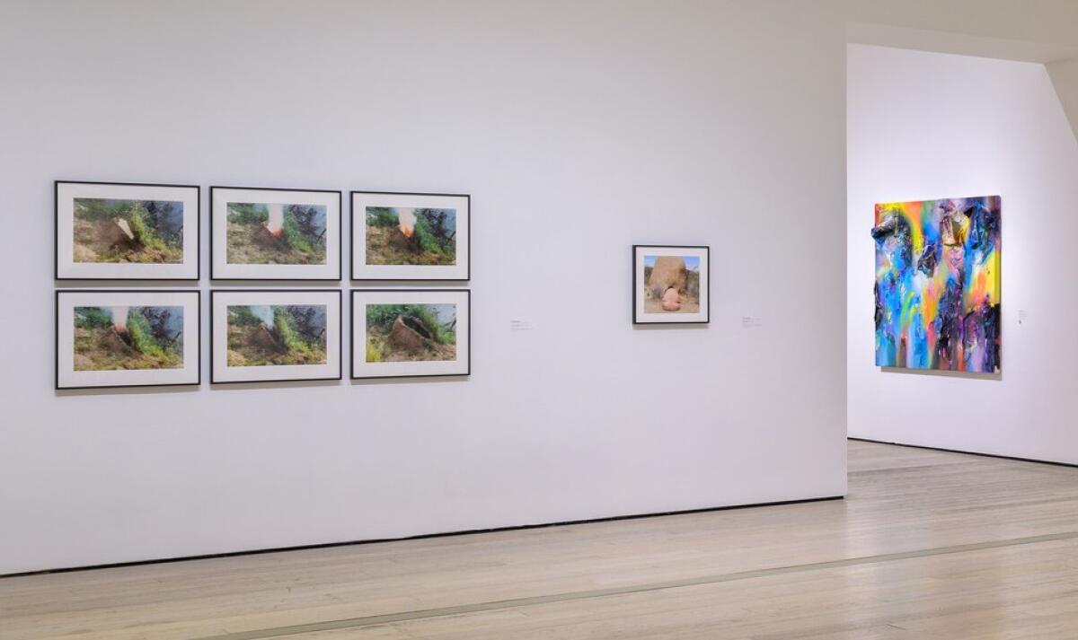 Photographs of figures in the landscape by Ana Mendieta (left) and Laura Aguilar (center) offer thematic background