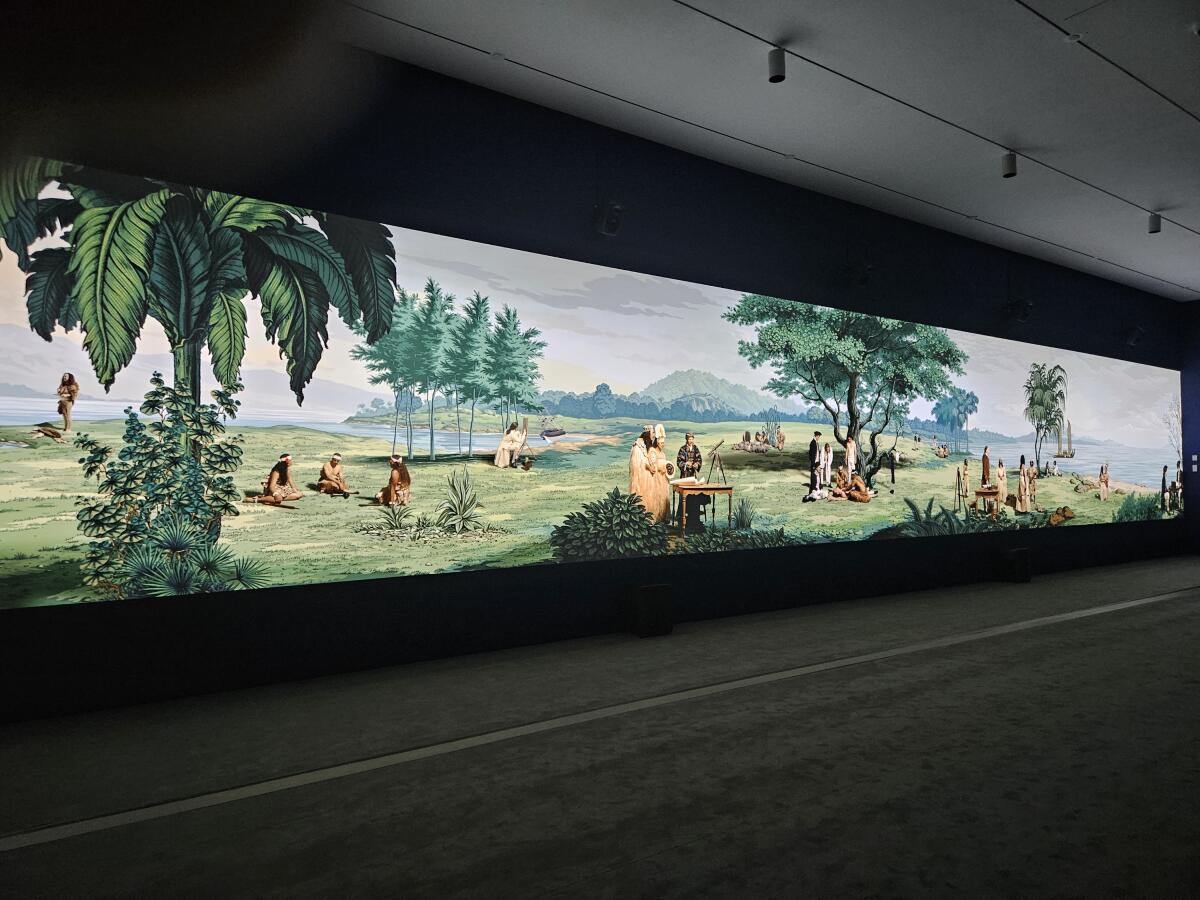 A 70-foot video projection by Lisa Reihana reimagines a famous scenic French wallpaper.