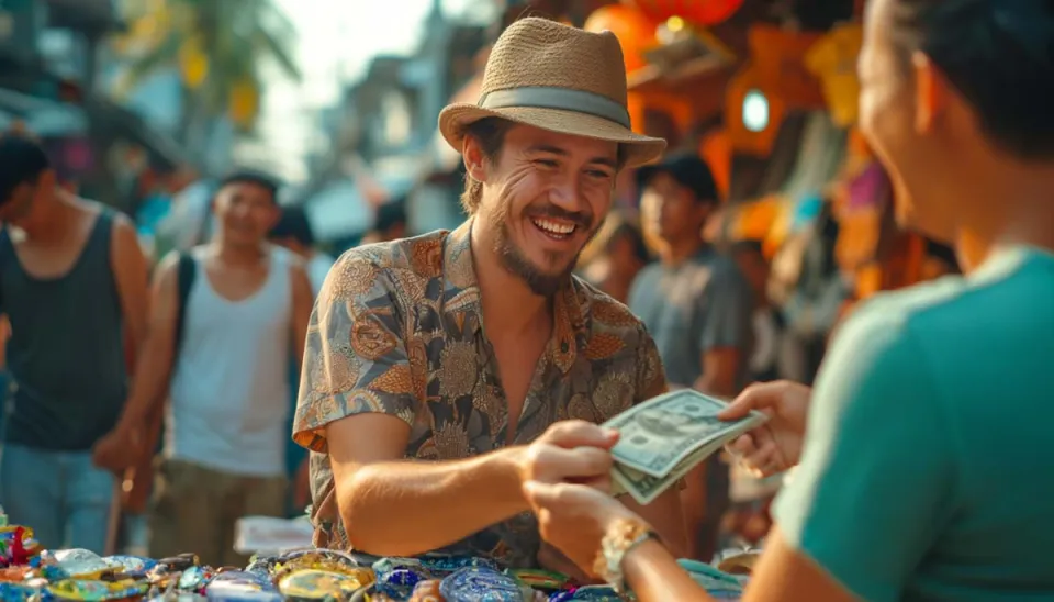 Man exchanging cash at a market stall.