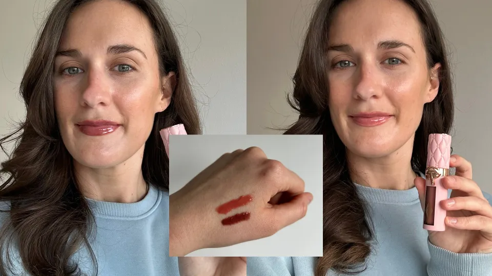 Collage of a woman wearing Charlotte Tilbury Pillow Talk Plumpgasm lip gloss, holding the product, and swatches on hand.