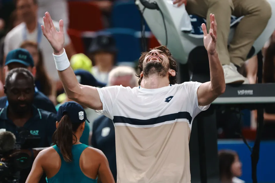 Valentin Vacherot of Monaco reacts after winning the men's singles final match.