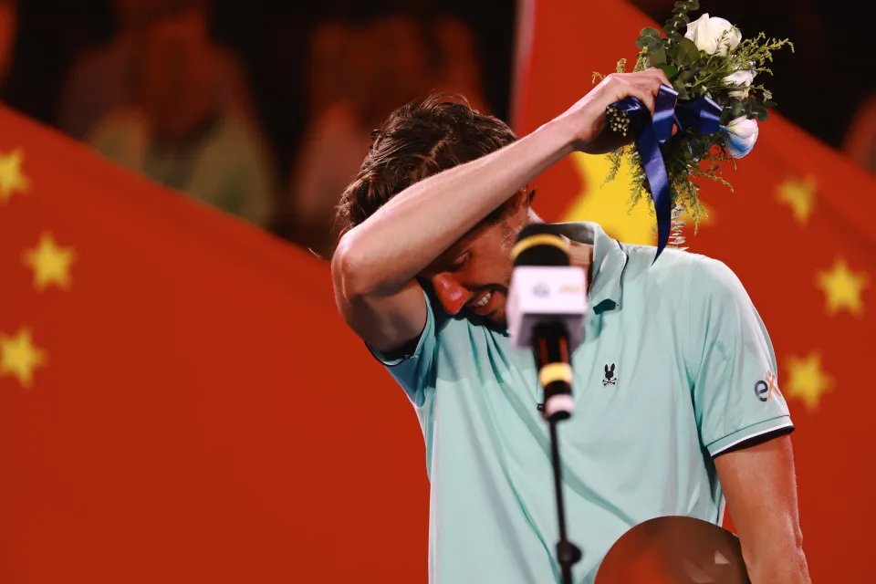Arthur Rinderknech reacts after losing the Men's Singles Final at the Shanghai Masters tennis tournament.