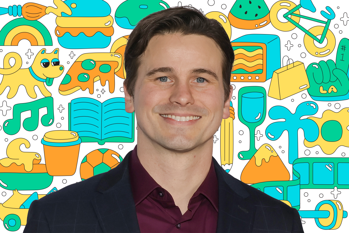 Photo of a person on a background of colorful illustrations like a book, dog, pizza, TV, shopping bag, and more