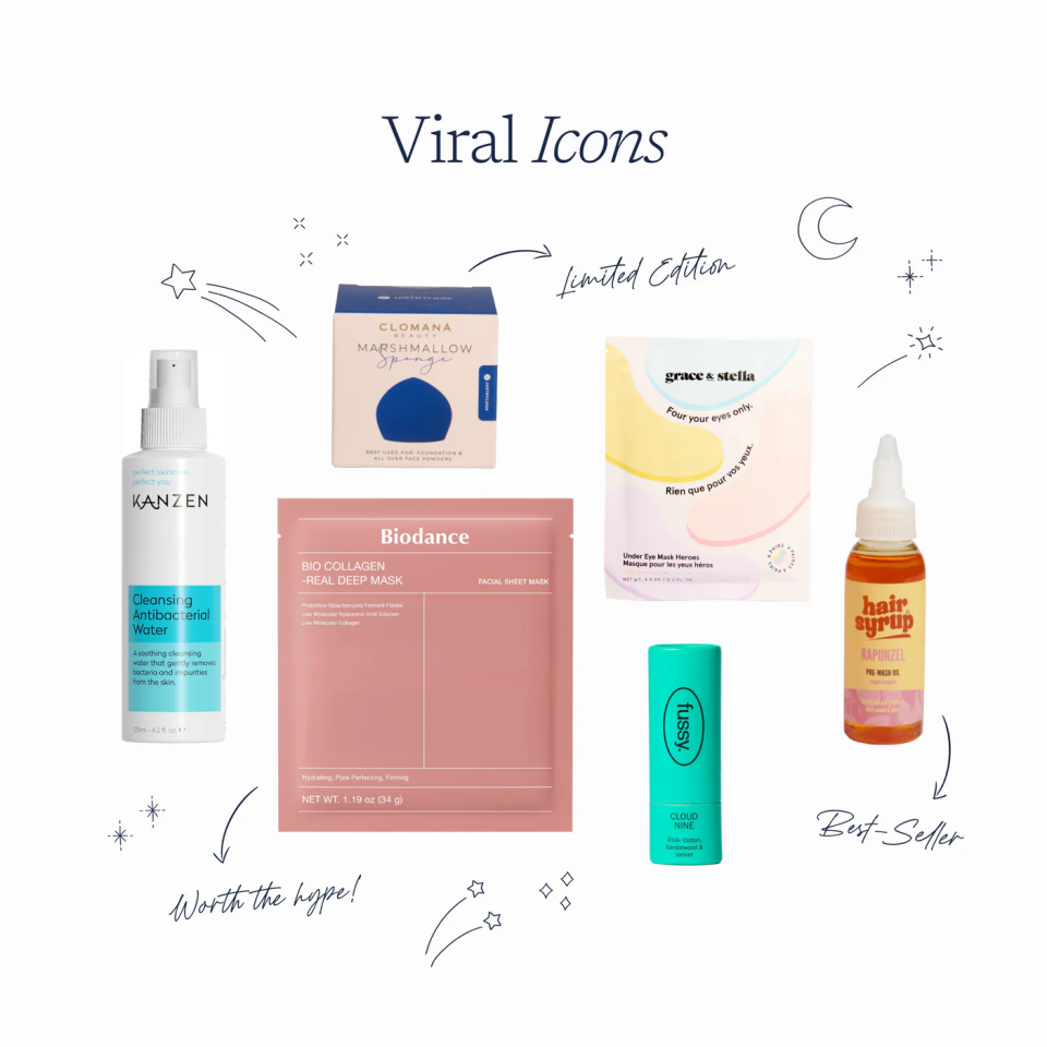 Illustration of a collection of six beauty products, including Cleansing Antibacterial Water, Marshmallow Sponge, Bio Collagen Deep Mask, Under Eye Mask Heroes, Fussy Cloud Nine deodorant, and Hair Syrup Rapunzel Pre-Wash Oil, presented as "Viral Icons" with notes like "Worth the hype!", "Limited Edition", and "Best-Seller".