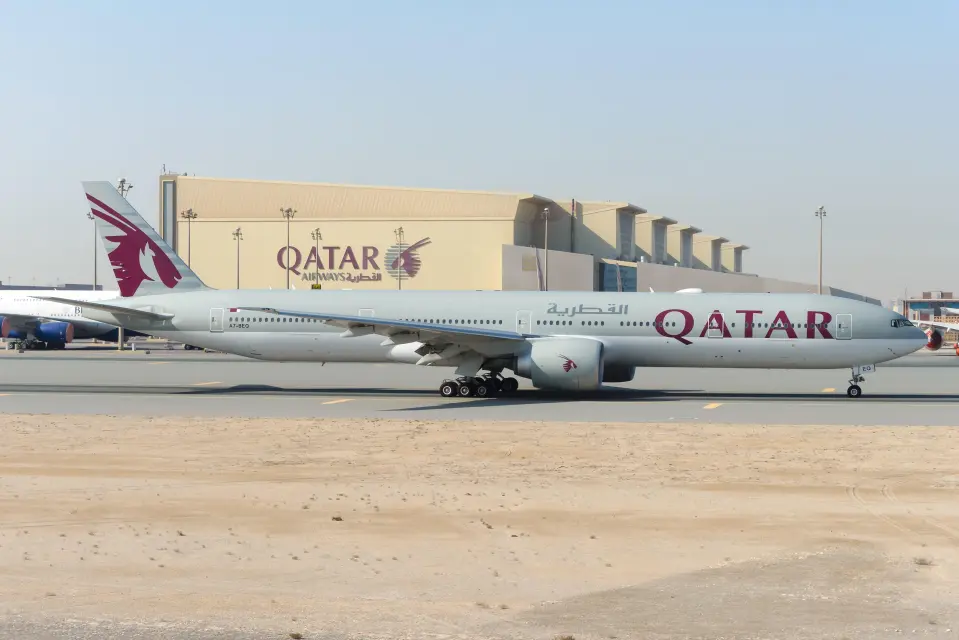Qatar Airways Boeing 777 at Doha Airport.