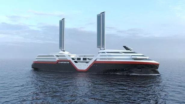 A mock-up of a Hurtigruten ship with a sail