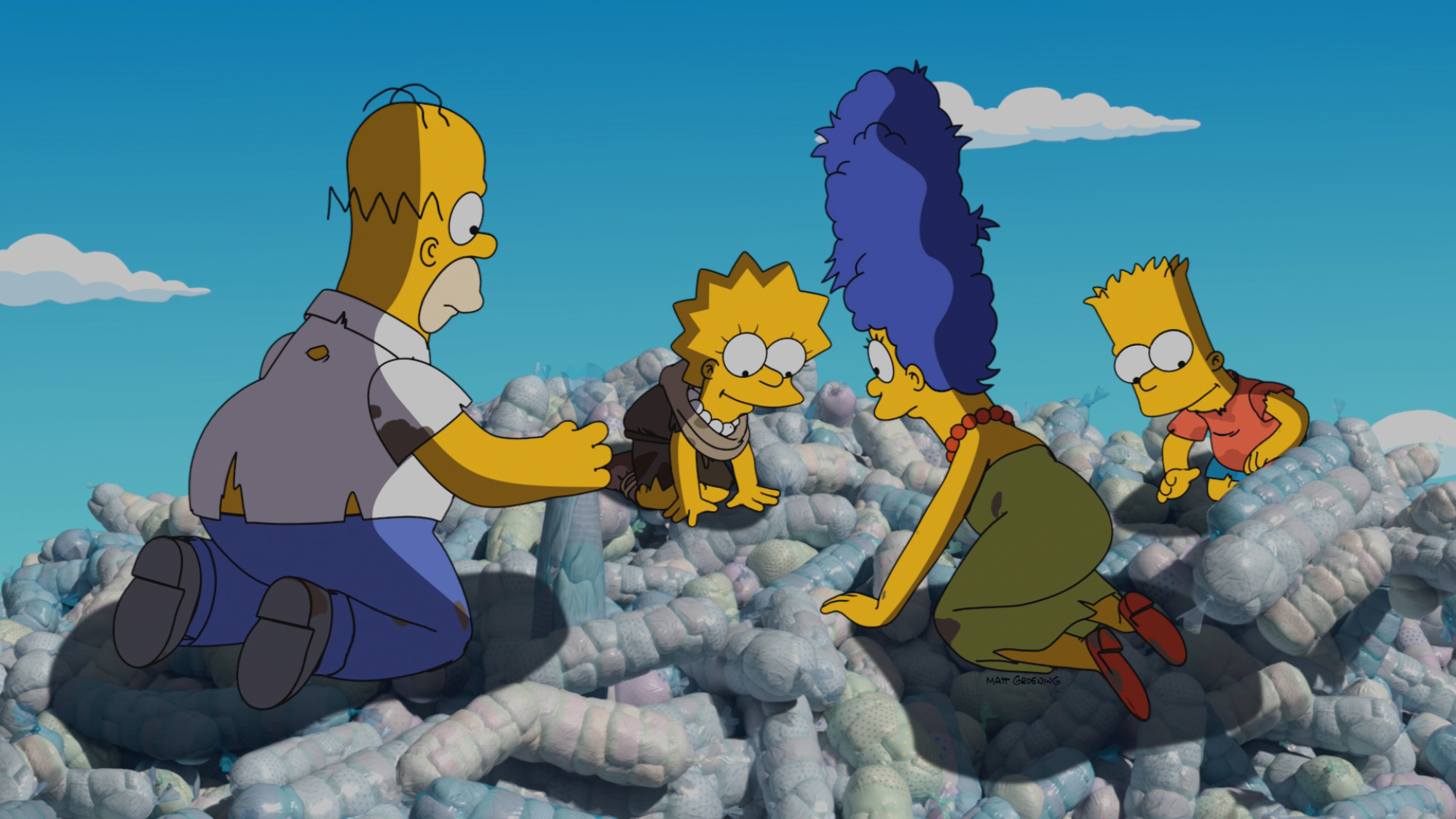 A disheveled animated yellow family sitting on piles of plastic.