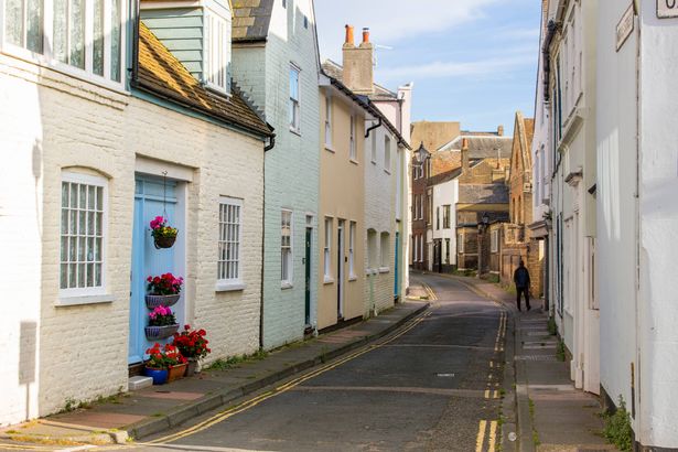 View of the quaint Georgian terraced houses along Middle Street in Deal, Kent, England