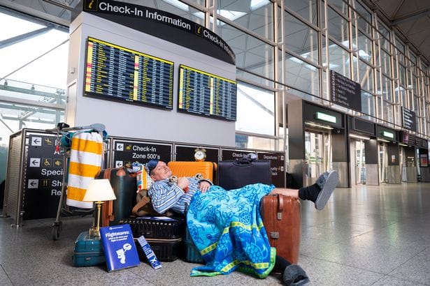 Travellers sporting various travel mishaps appeared at Stansted Airport today