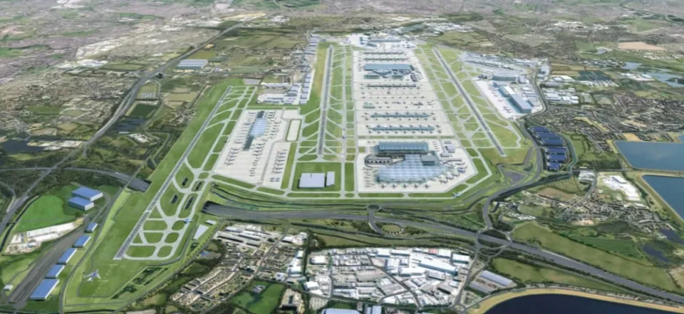 Illustration of Heathrow Airport's proposed third runway and expanded layout.