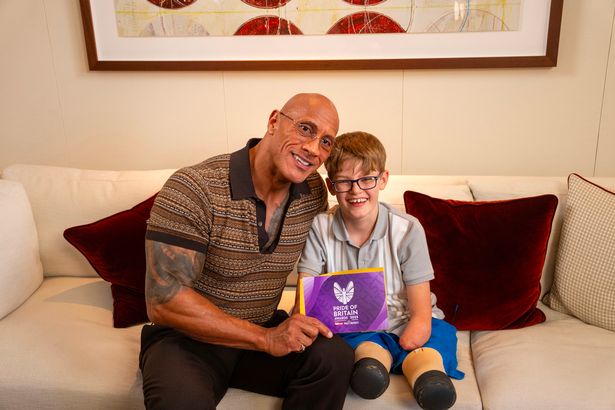 Luke Mortimer pictured with actor Dwayne ‘The Rock’ Johnson who surprised young Luke with the news that he had won a Pride of Britain award. 