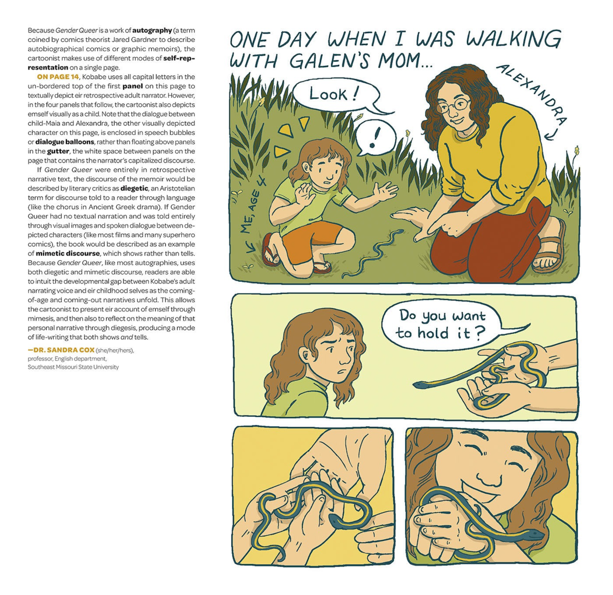 a page from a comic book with an adult showing a child a small snake