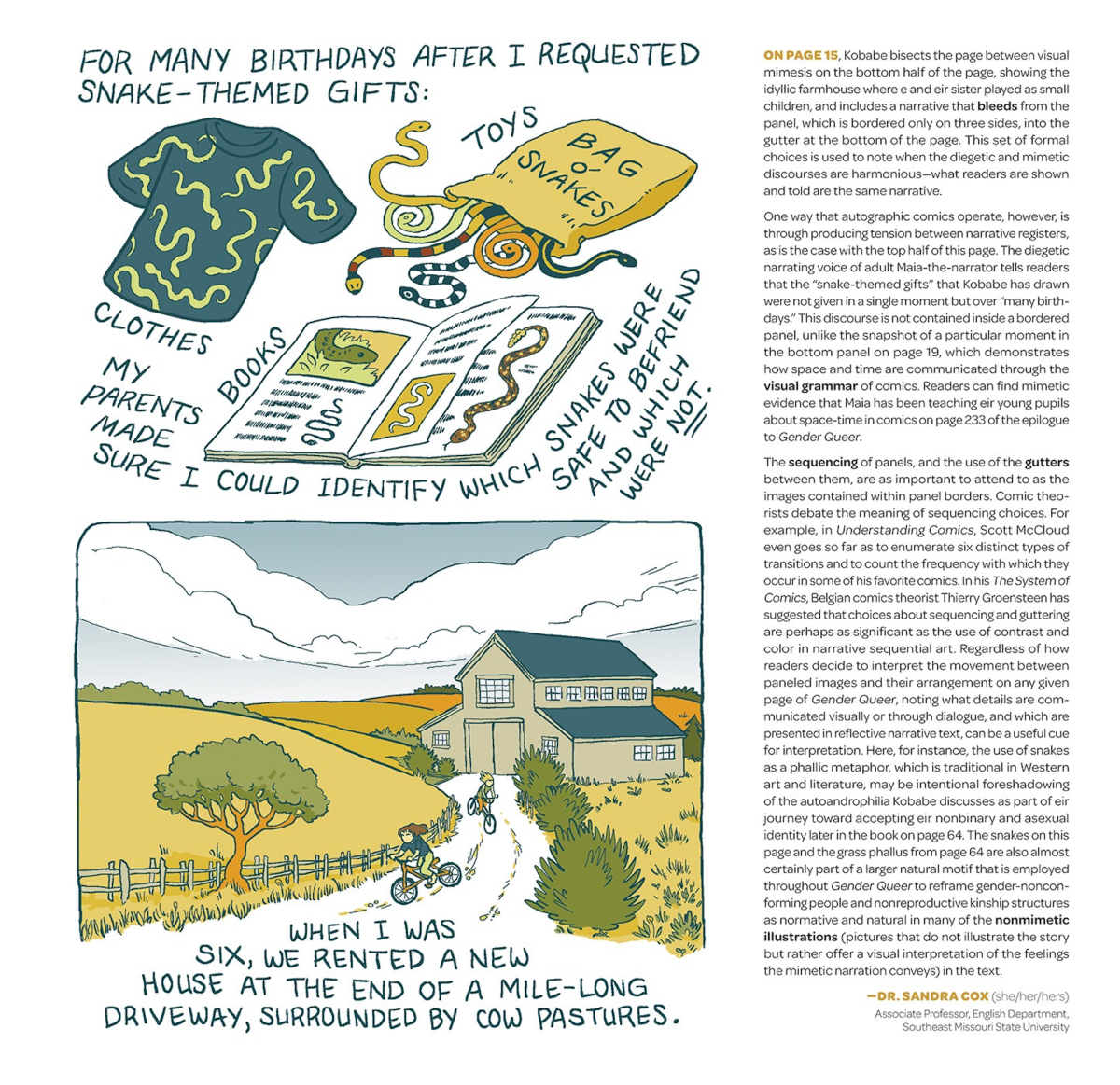 a comics page showing snake-related items and kids riding bicycles