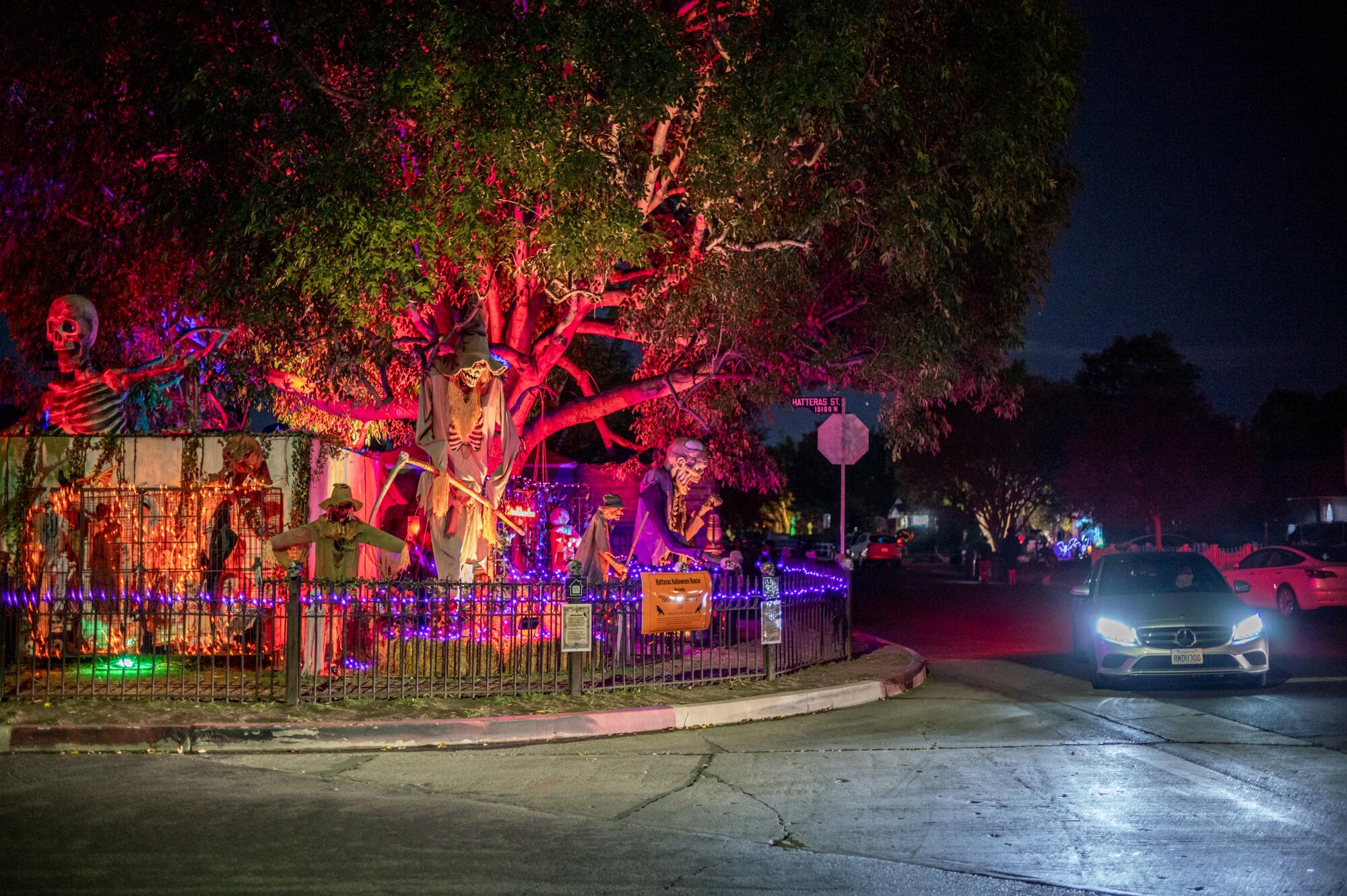 A Van Nuys house lit up for Halloween.