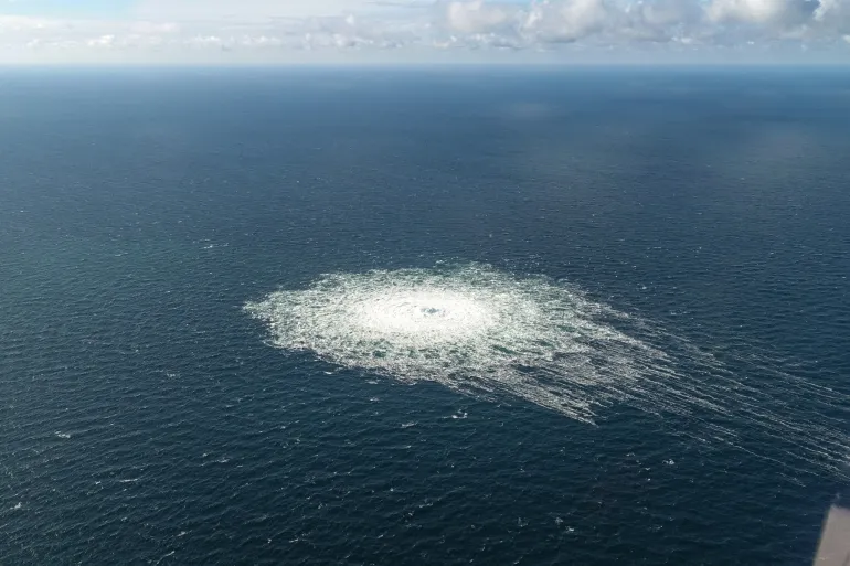 Gas leak at Nord Stream 2 as seen from the Danish F-16 interceptor on Bornholm, Denmark September 27, 2022. Danish Defence Command/Forsvaret Ritzau Scanpix/via REUTERS ATTENTION EDITORS - THIS IMAGE WAS PROVIDED BY A THIRD PARTY. DENMARK OUT. NO COMMERCIAL OR EDITORIAL SALES IN DENMARK.