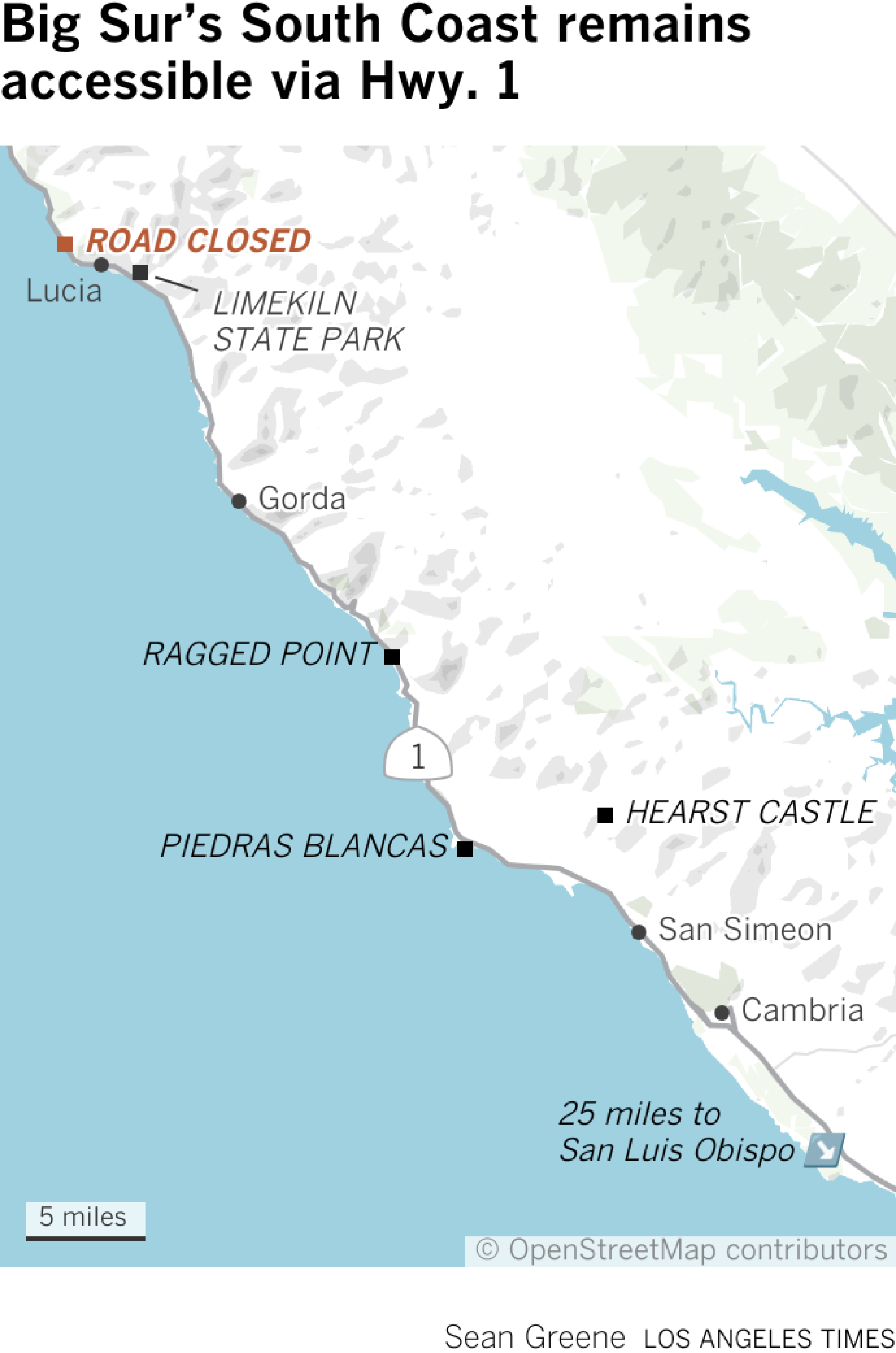 Map shows locations along Hwy. 1 on the Central Coast: towns Lucia, Gorda, San Simeon and Cambria; and attractions/landmarks such as Limekiln State Park, Ragged Point and Piedras Blancas.