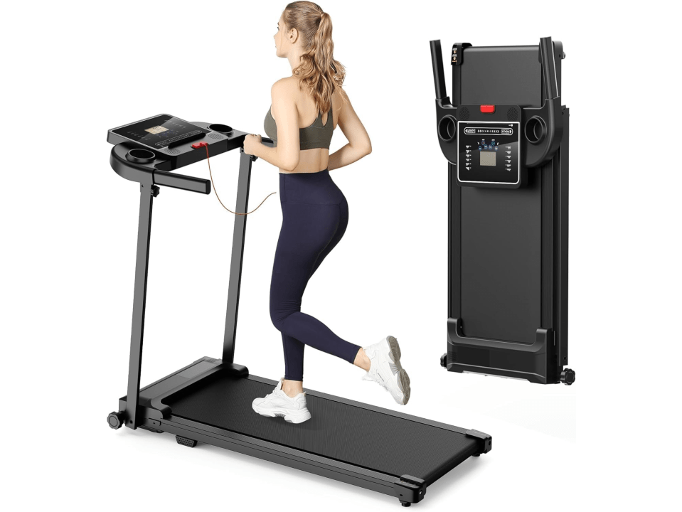 A woman running on a black treadmill, next to an image of the treadmill folded upright.