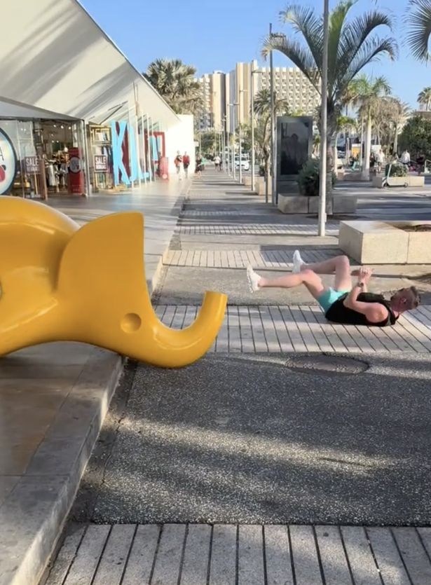 Ste faceplants the pavement after attempting to ride a plastic elephant at a holiday resort.