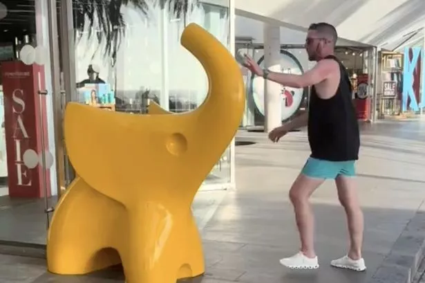 Ste faceplants the pavement after attempting to ride a plastic elephant at a holiday resort.