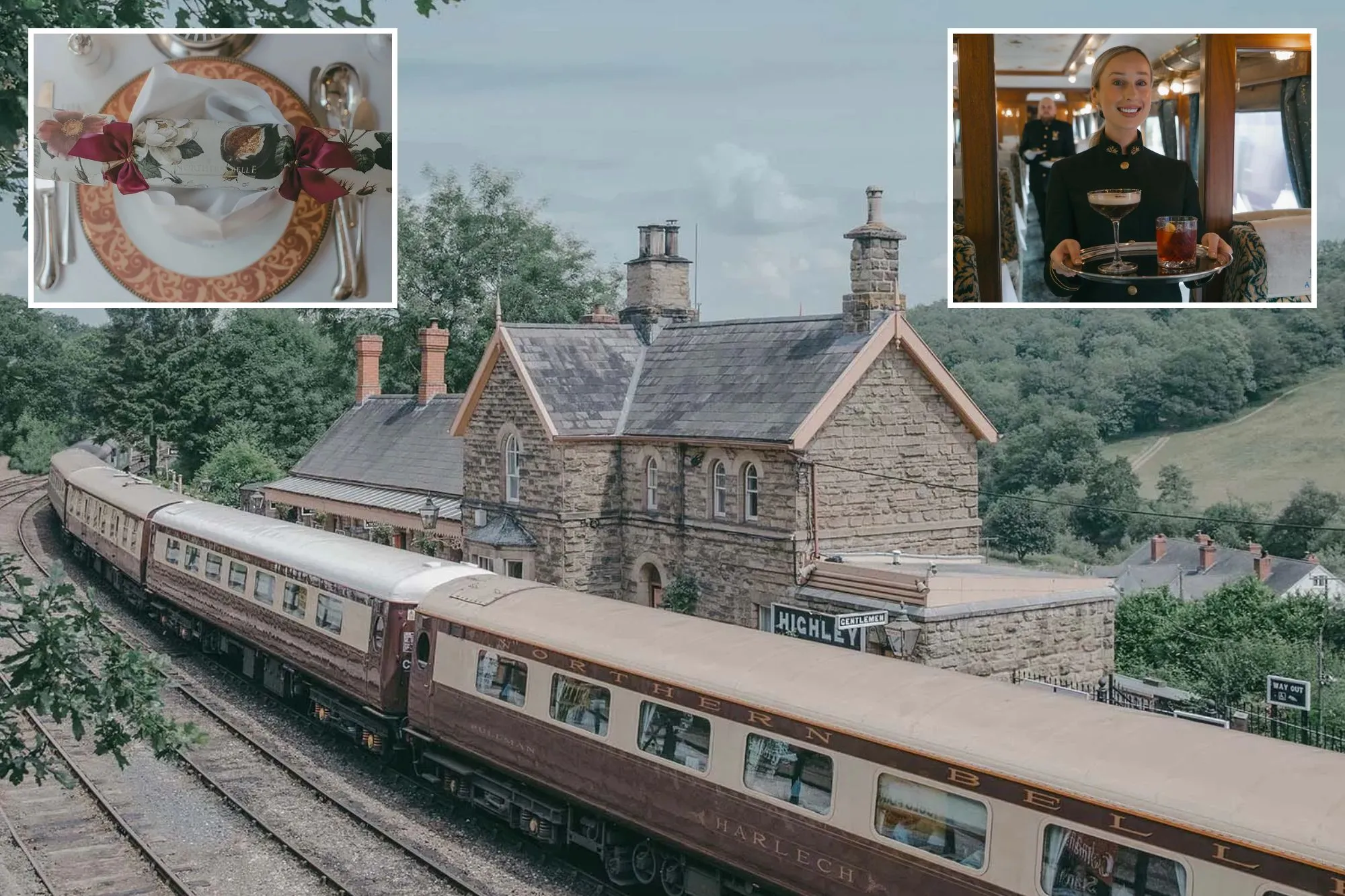 An image collage containing 3 images, Image 1 shows The Northern Belle luxury train at Highley station, Image 2 shows A Christmas cracker from "Northern Belle" train on a place setting, Image 3 shows Waitress holding a tray with two cocktails on a luxury train