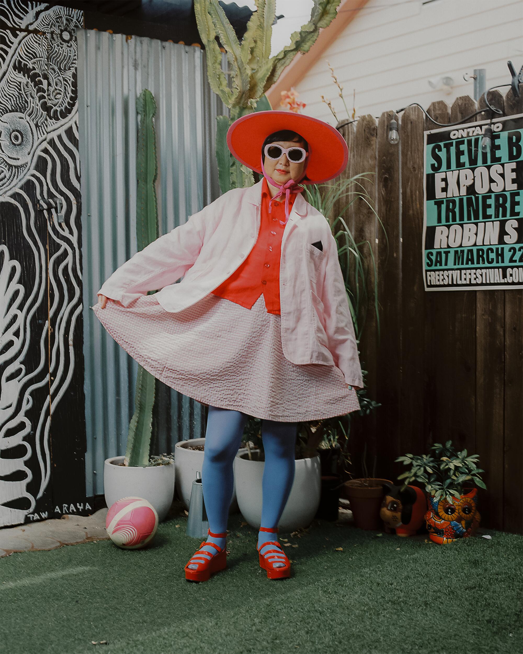 Shirley wears vintage hat, shirt and dress, shoes and l.a. Eyeworks sunglasses.