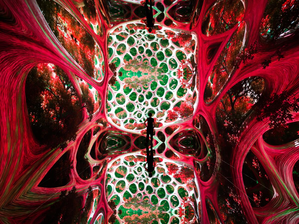 Red swirls and green concentric circles fill the Infinity Room.
