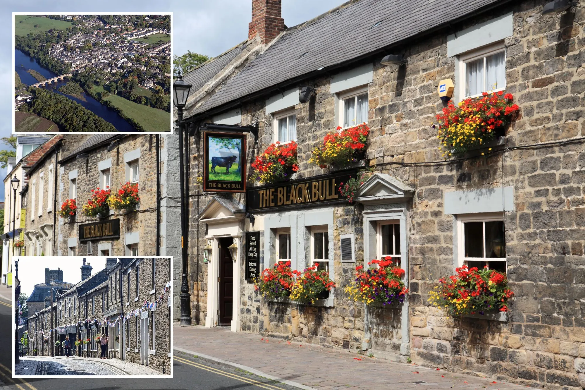An image collage containing 3 images, Image 1 shows The Black Bull public house and restaurant in Corbridge, Northumberland, a stone building with flower boxes under its windows, Image 2 shows Aerial view of Corbridge and the River Tyne in Northumberland, UK, featuring a stone arch bridge connecting the town to rural areas, Image 3 shows Stone cottages on Middle Street in Corbridge, Northumberland, England, with bunting strung across the street