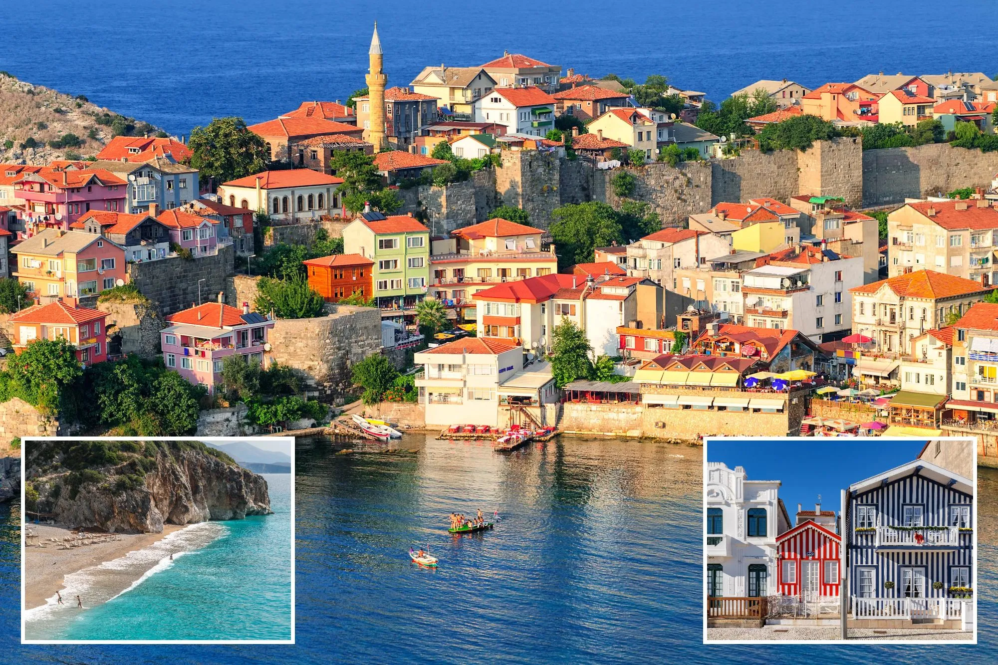 An image collage containing 3 images, Image 1 shows Amasra resort town on a peninsula on Black Sea Coast, Turkey, Image 2 shows Gjipe Beach on the Albanian Riviera with people in the turquoise sea and sunbeds on the shore, Image 3 shows Colorful houses in Costa Nova, Aveiro, Portugal