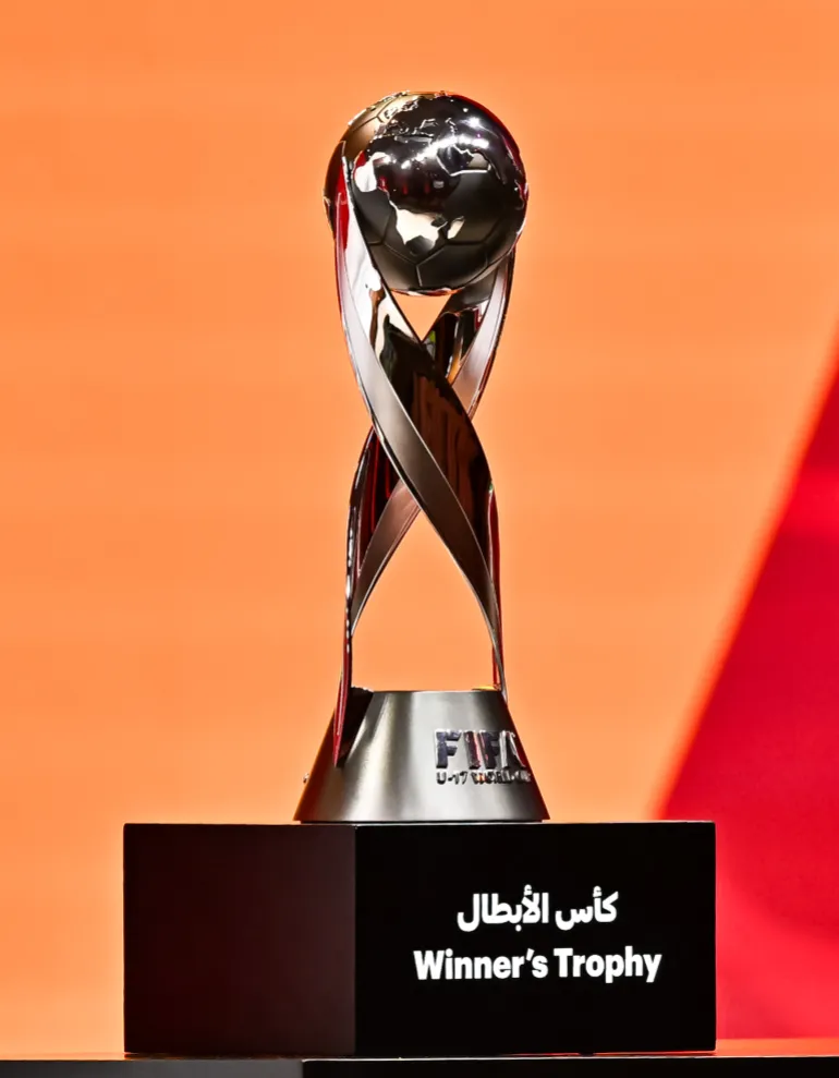 The FIFA U-17 World Cup trophy is on display during the FIFA U-17 World Cup and FIFA Arab Cup Qatar 2025 Finals Draw in Doha, Qatar, on May 25, 2025. (Photo by Noushad Thekkayil/NurPhoto via Getty Images)