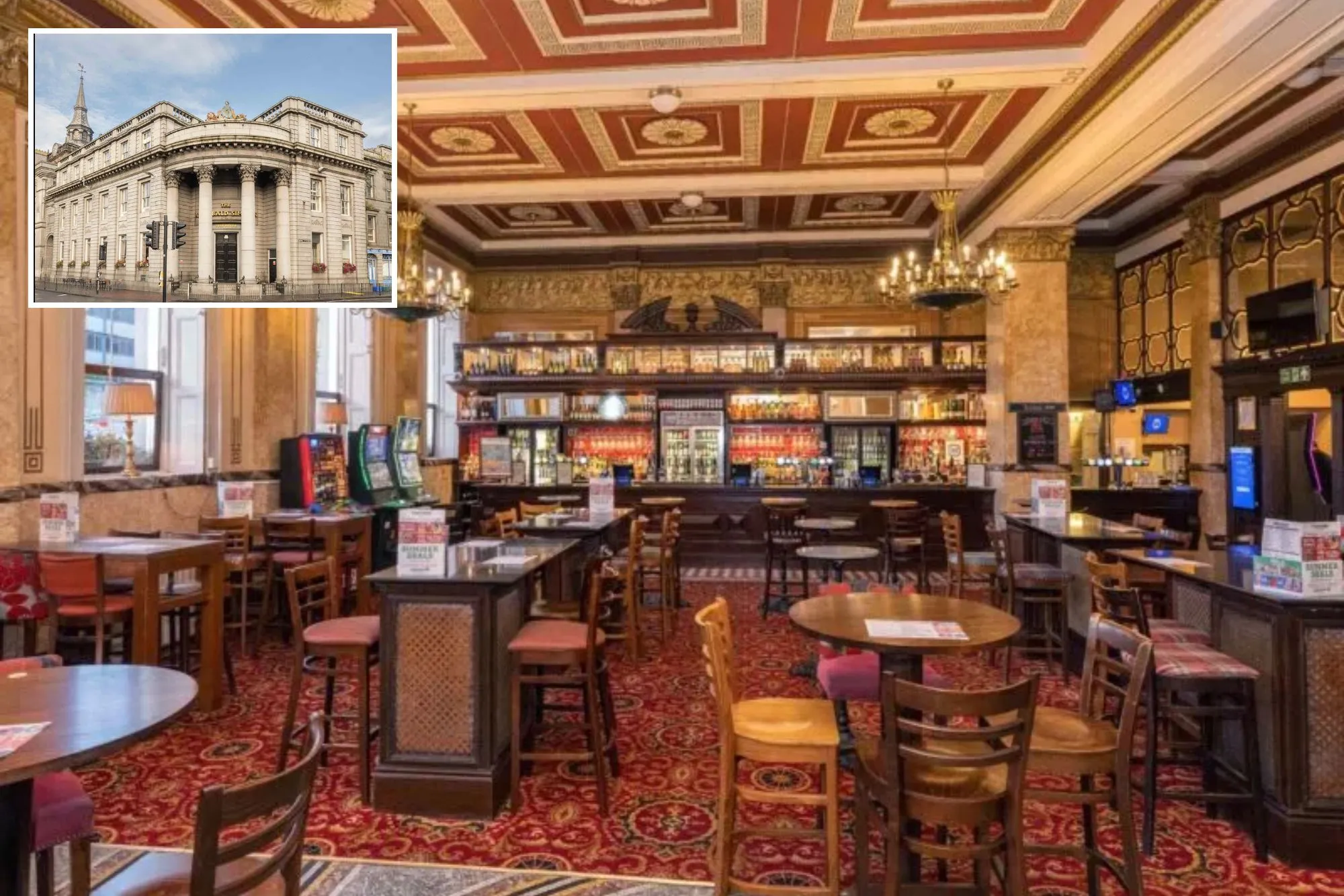 An image collage containing 2 images, Image 1 shows Interior of The Archibald Simpson Wetherspoons pub, Image 2 shows The Archibald Simpson pub in Aberdeen