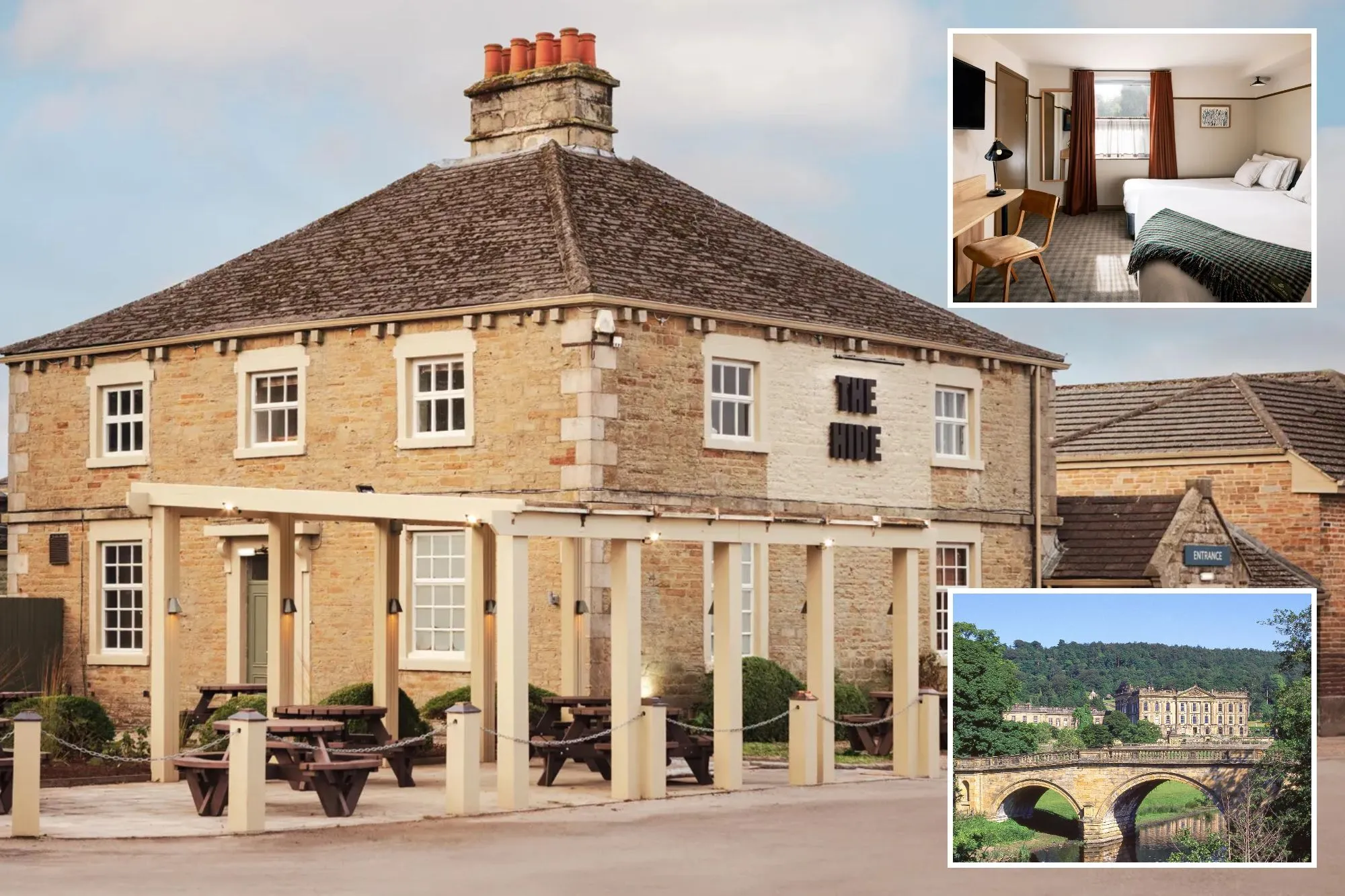 An image collage containing 3 images, Image 1 shows A large stone building with "THE RIDE" on the facade and picnic tables with an awning in front, Image 2 shows 16th-century Chatsworth House across the River Derwent in Edensor, Derbyshire, England, Image 3 shows A hotel room with two beds, a desk, and a television