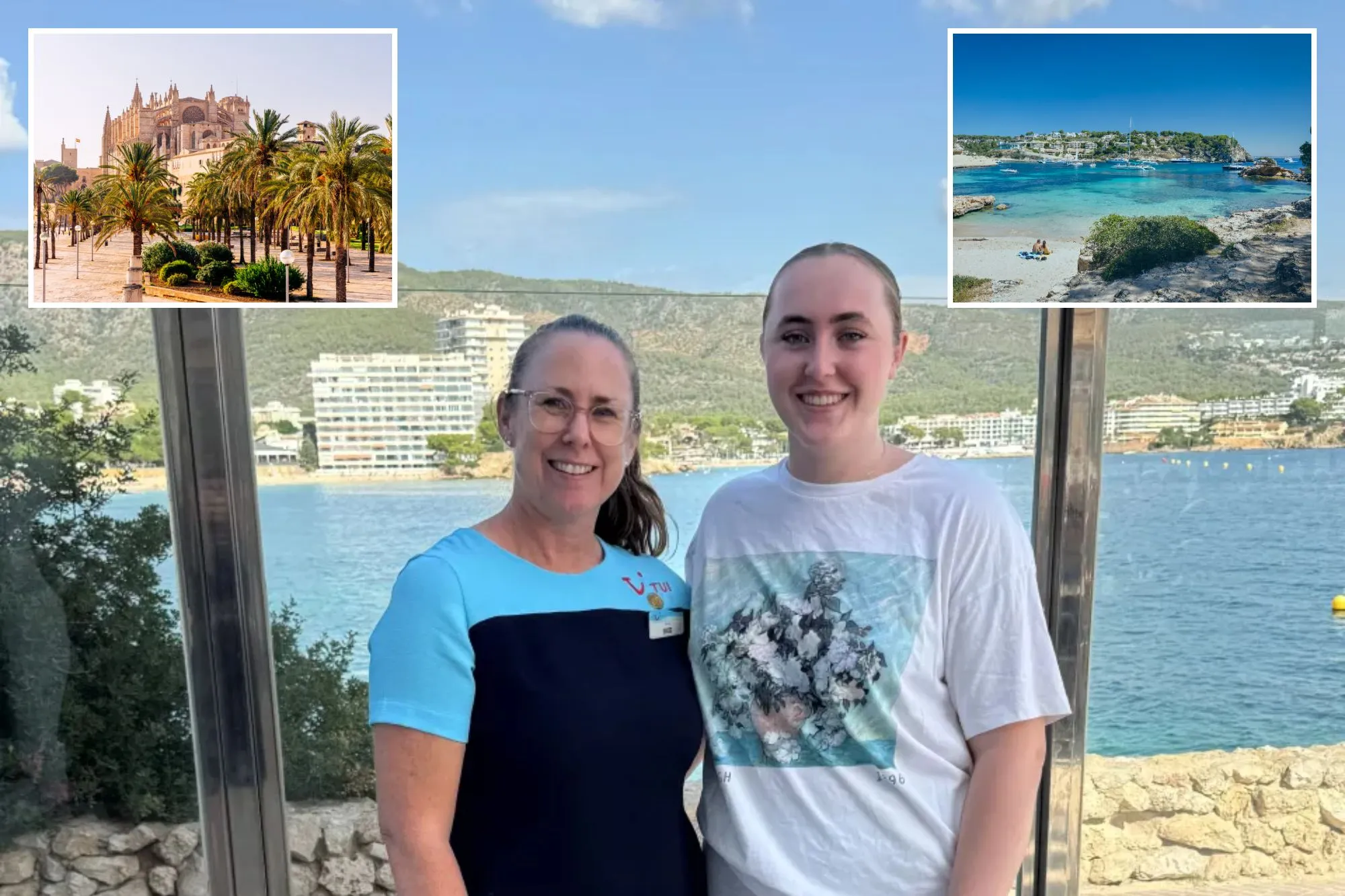 An image collage containing 3 images, Image 1 shows A woman in a TUI uniform and a young woman in a white t-shirt smile in front of a bay in Majorca, Image 2 shows The Cathedral of Santa Maria of Palma, a Gothic-style church, surrounded by palm trees in Palma de Mallorca, Spain, Image 3 shows Cala Portals Vells cove in western Mallorca with houses and boats