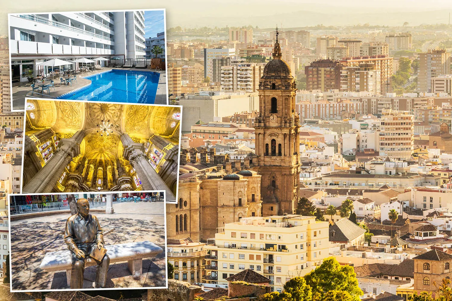 Collage of Málaga landmarks, including a hotel pool, cathedral interior, and a city view with a church tower and a statue on a bench.