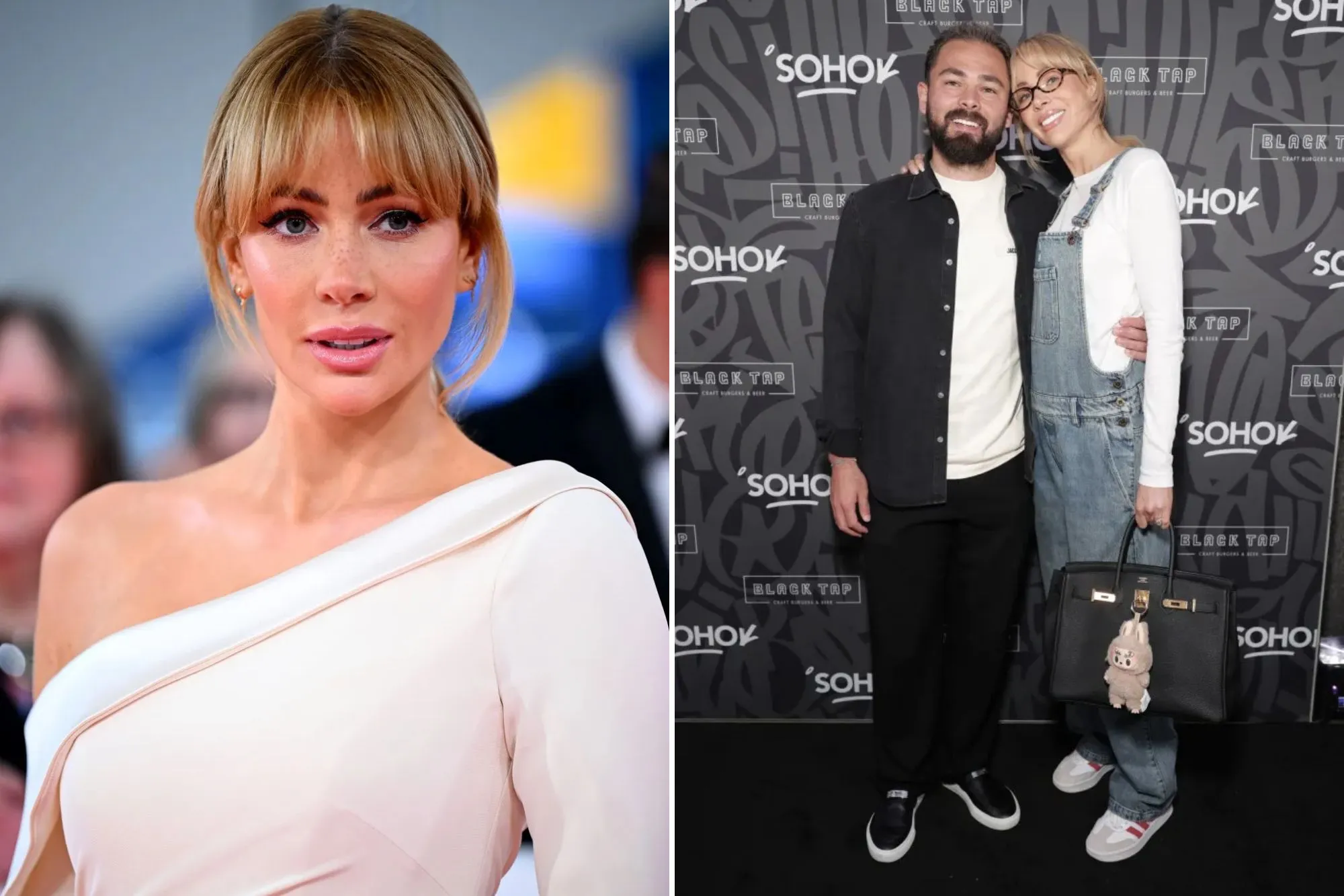 An image collage containing 2 images, Image 1 shows A woman with blonde hair, bangs, and freckles, wearing an off-the-shoulder light-colored dress, Image 2 shows A man with a beard and a woman in overalls standing against a Black Tap Soho background