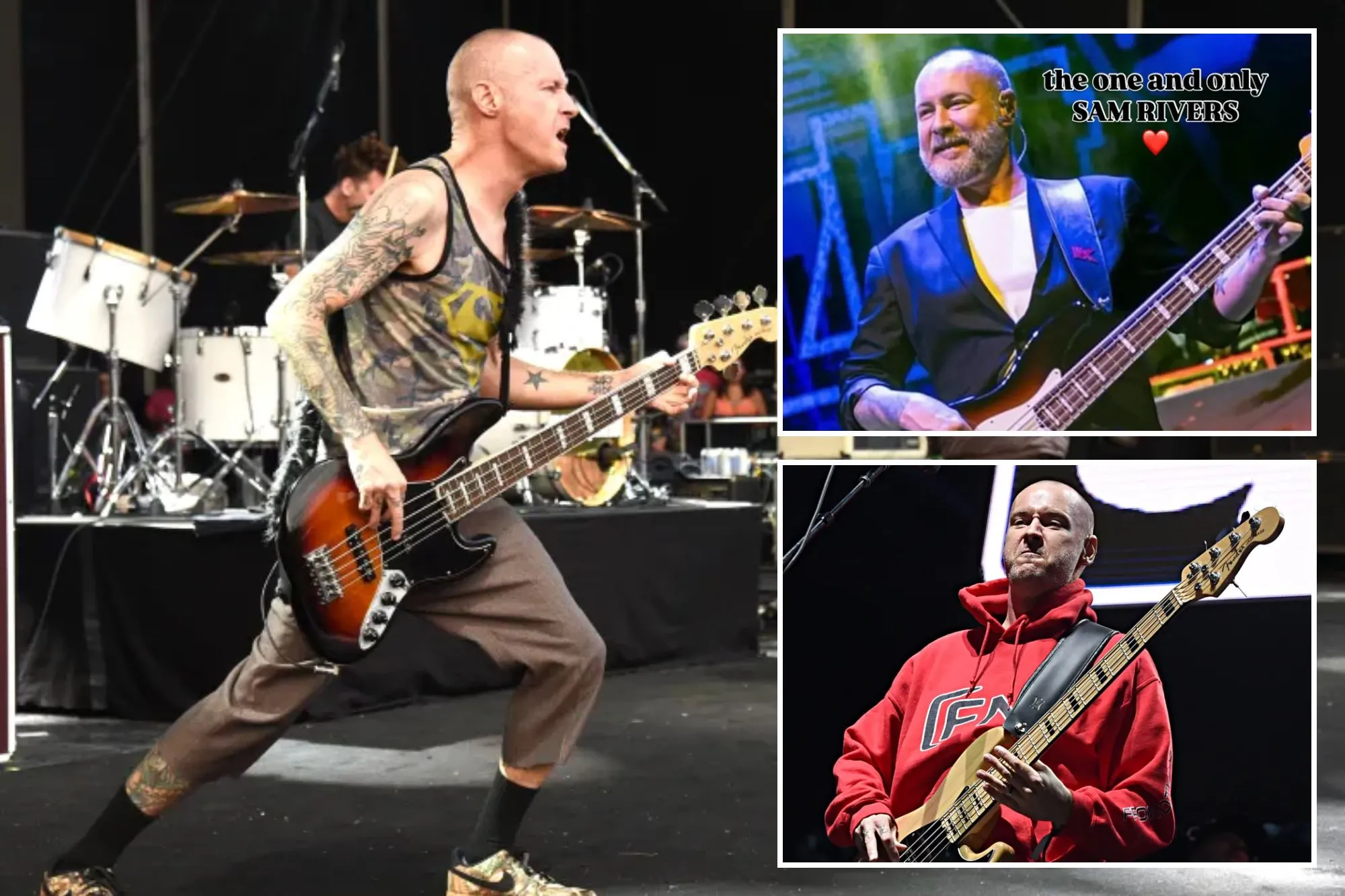 A bald man playing bass guitar on stage at a concert.