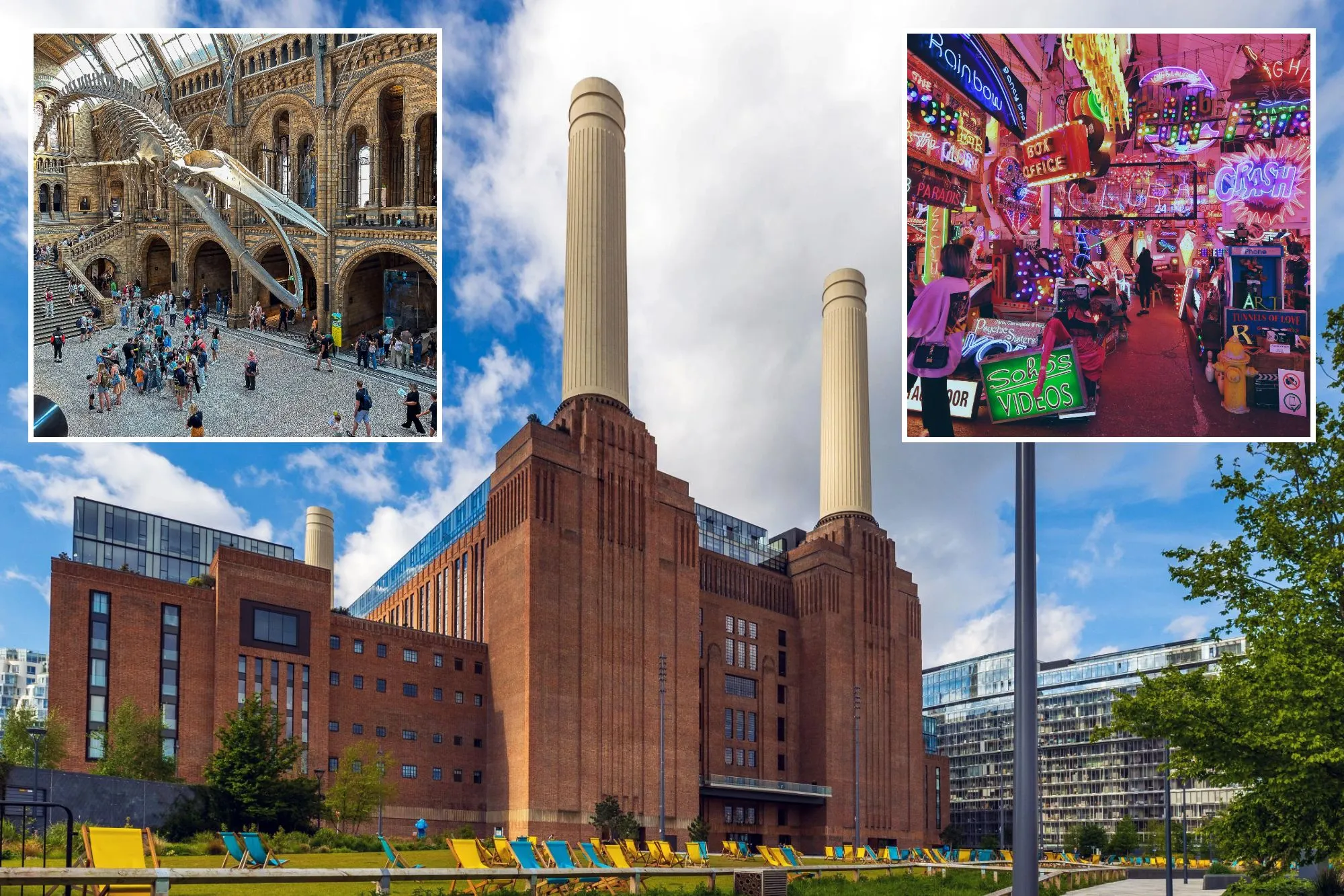 An image collage containing 3 images, Image 1 shows Battersea Power Station in London, Image 2 shows High-angle wide-angle view of tourists visiting the Natural History Museum in London, with a whale skeleton hanging from the ceiling, Image 3 shows A view of God's Own Junkyard in Walthamstow, north east London, which showcases neon signs