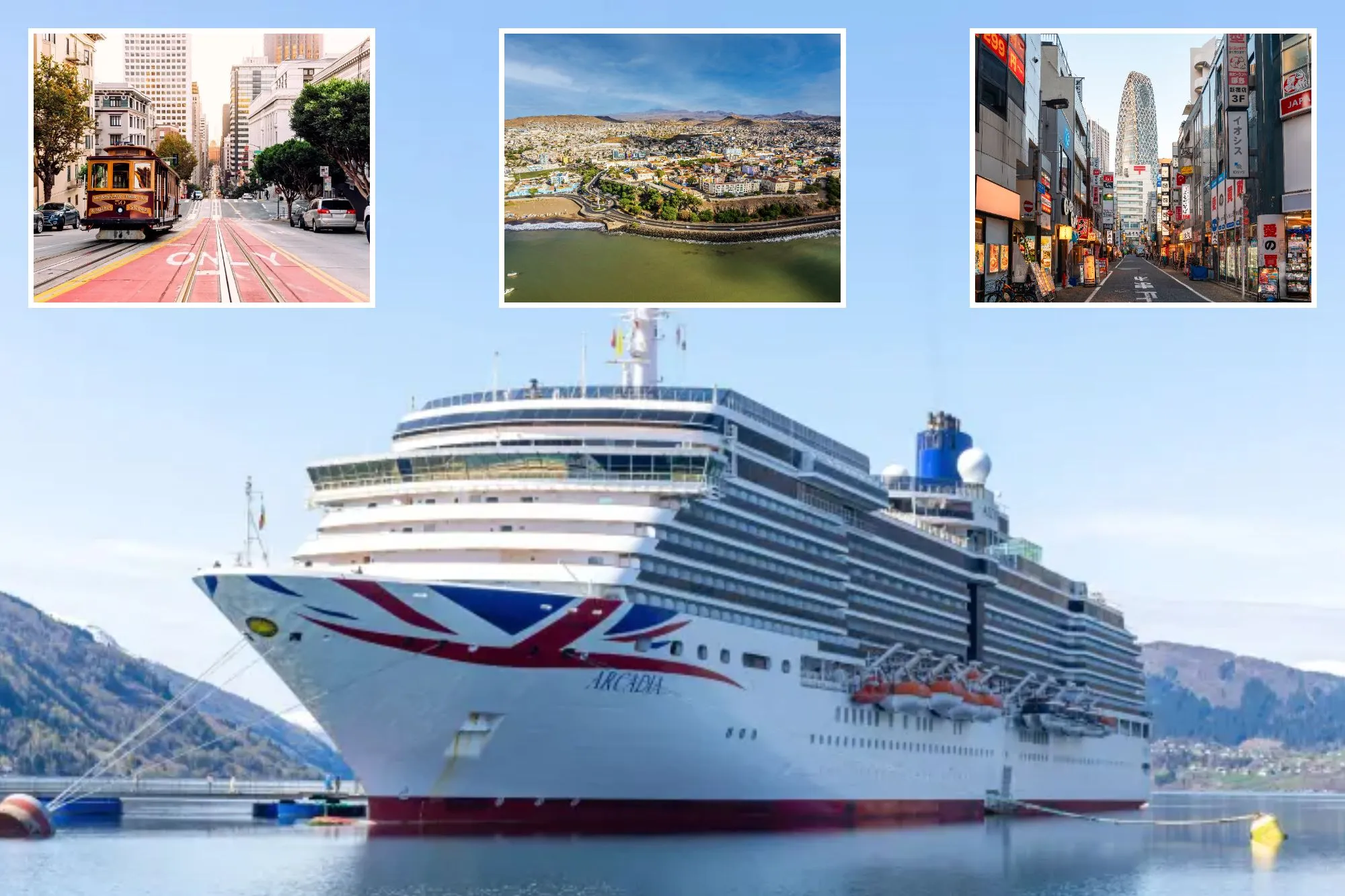 An image collage containing 4 images, Image 1 shows P&O Arcadia Cruise Ship docked in Nordfjordeid, Vestland County, Norway, Image 2 shows Historic cable car on a street in San Francisco, California, Image 3 shows Aerial view of Santiago city, Cabo Verde, Africa, with the coastline, city buildings, and mountains in the background, Image 4 shows A Tokyo street at dusk lined with multistory buildings, signs, and advertisements in Japanese, leading to a modern, lattice-patterned skyscraper in the distance