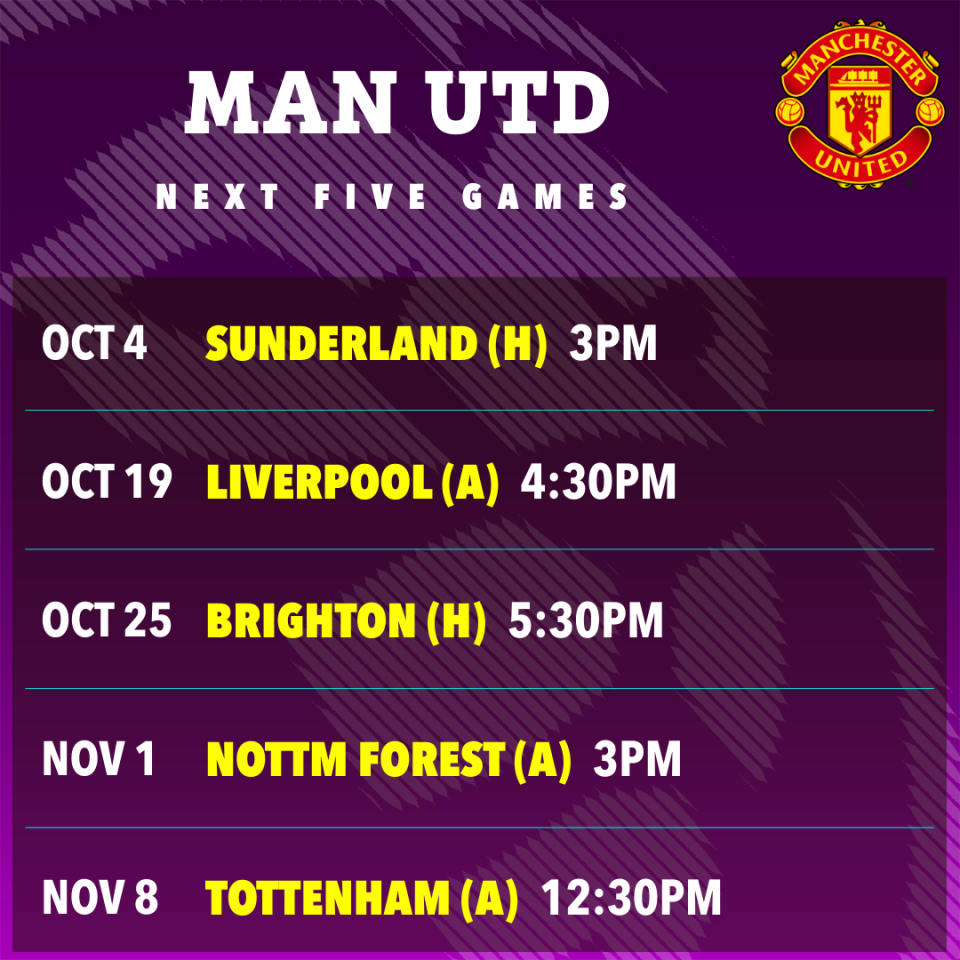 Manchester United's next five games list, from October 4th to November 8th.