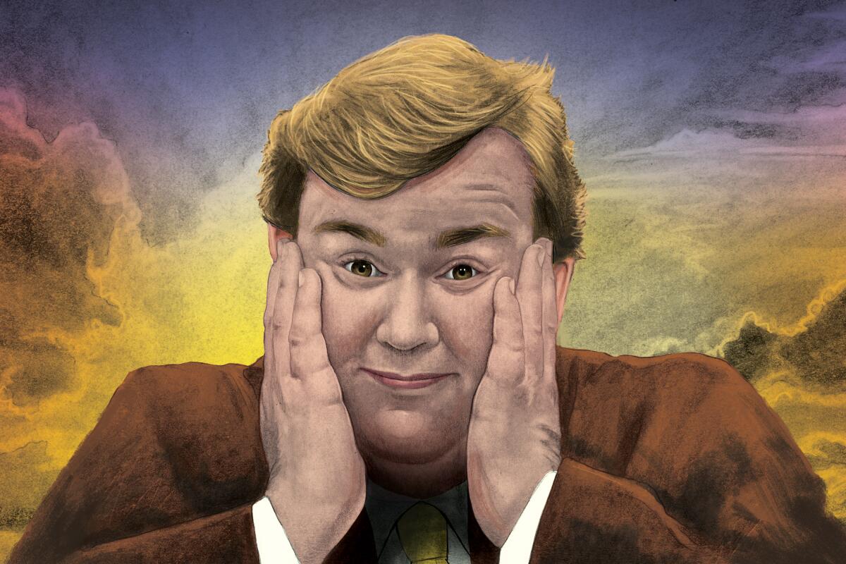Portrait of John Candy with his hands on his cheeks