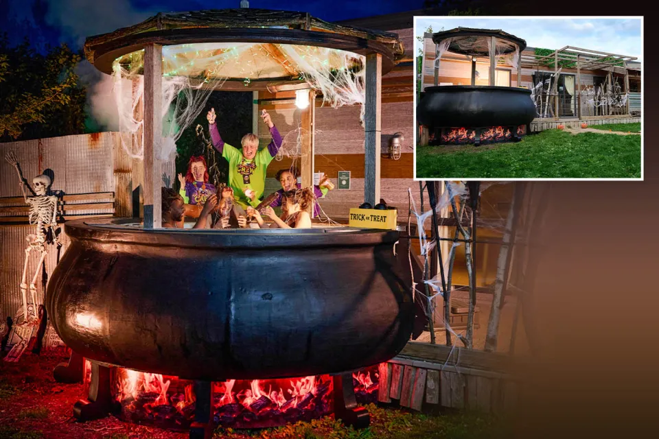 Collage of a large cauldron hot tub with people inside and a smaller image of the cauldron and house in daylight.