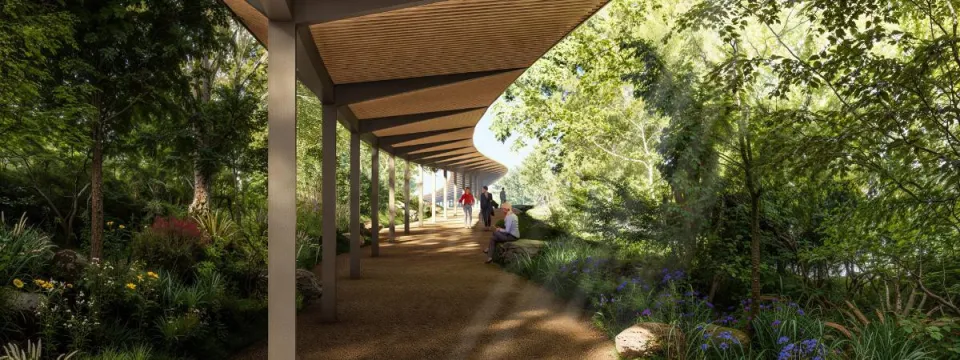 Illustration of people walking and sitting under a curved walkway in a lush garden.