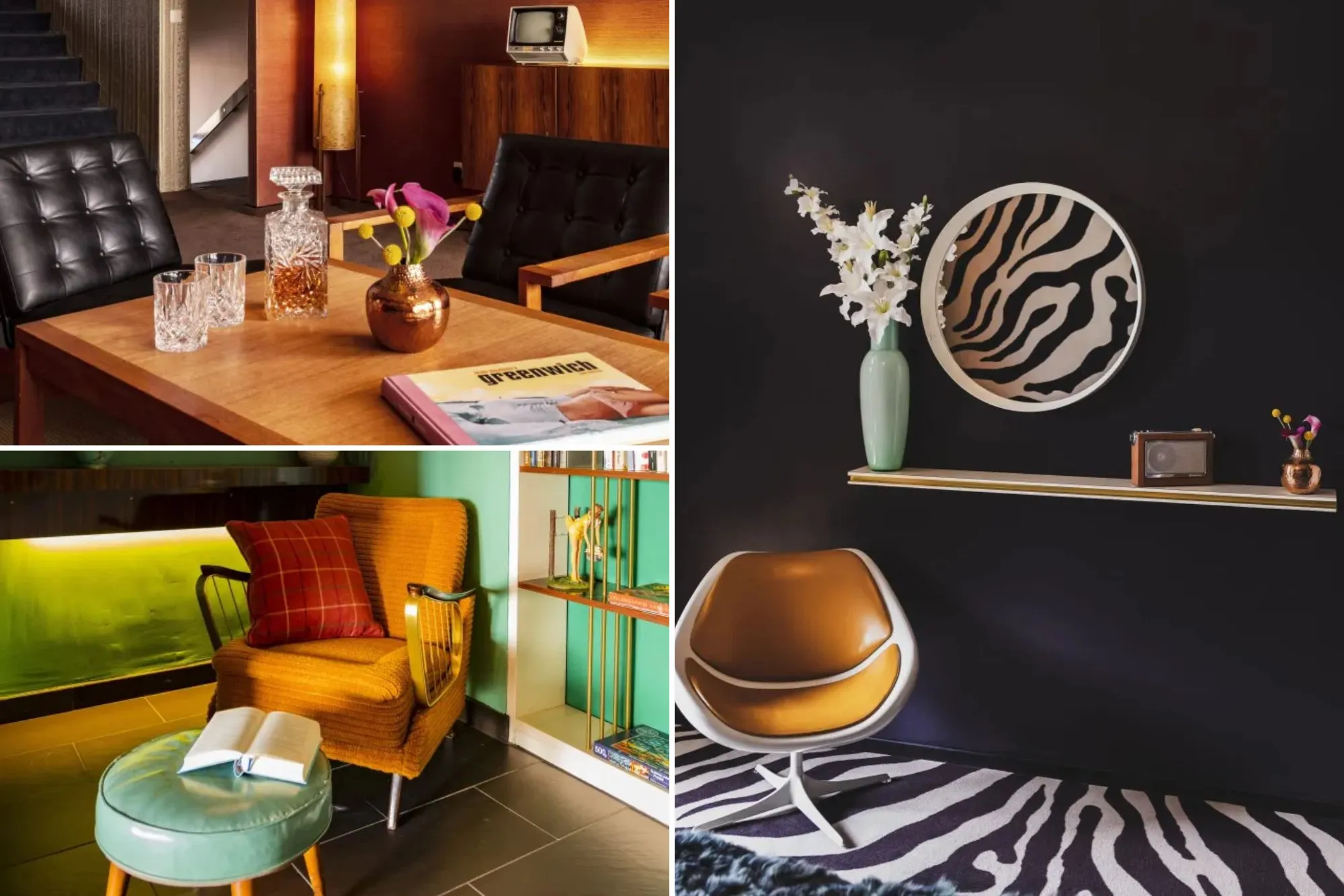 An image collage containing 3 images, Image 1 shows A hotel lounge with 1950s-inspired decor, including a vintage television, decanter, and lounge chairs, Image 2 shows Lounge area with a gold armchair, a turquoise ottoman with a book on top, a bookcase with golden pillars, and two hanging plants, Image 3 shows A 1950s themed room with dark walls and zebra print rug, featuring a white chair with orange cushions, a shelf with a radio and a vase of flowers, and a zebra print mirror