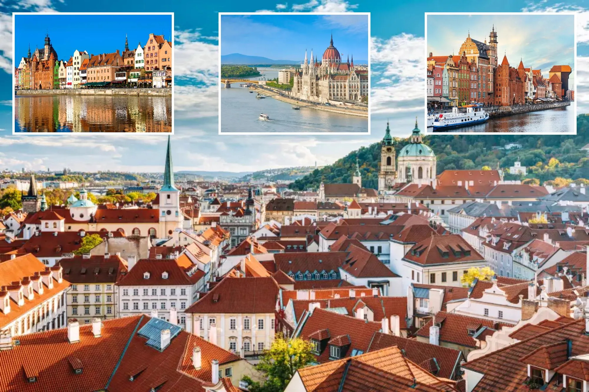 An image collage containing 4 images, Image 1 shows Cityscape of old Prague, Czech Republic, Image 2 shows The shore of the Motlawa River in Gdansk Old Town with historical houses, Poland, Image 3 shows The Hungarian Parliament Building and the Danube River in Budapest, Hungary, Image 4 shows Waterfront buildings in Gdansk, Poland, with reflections in the water