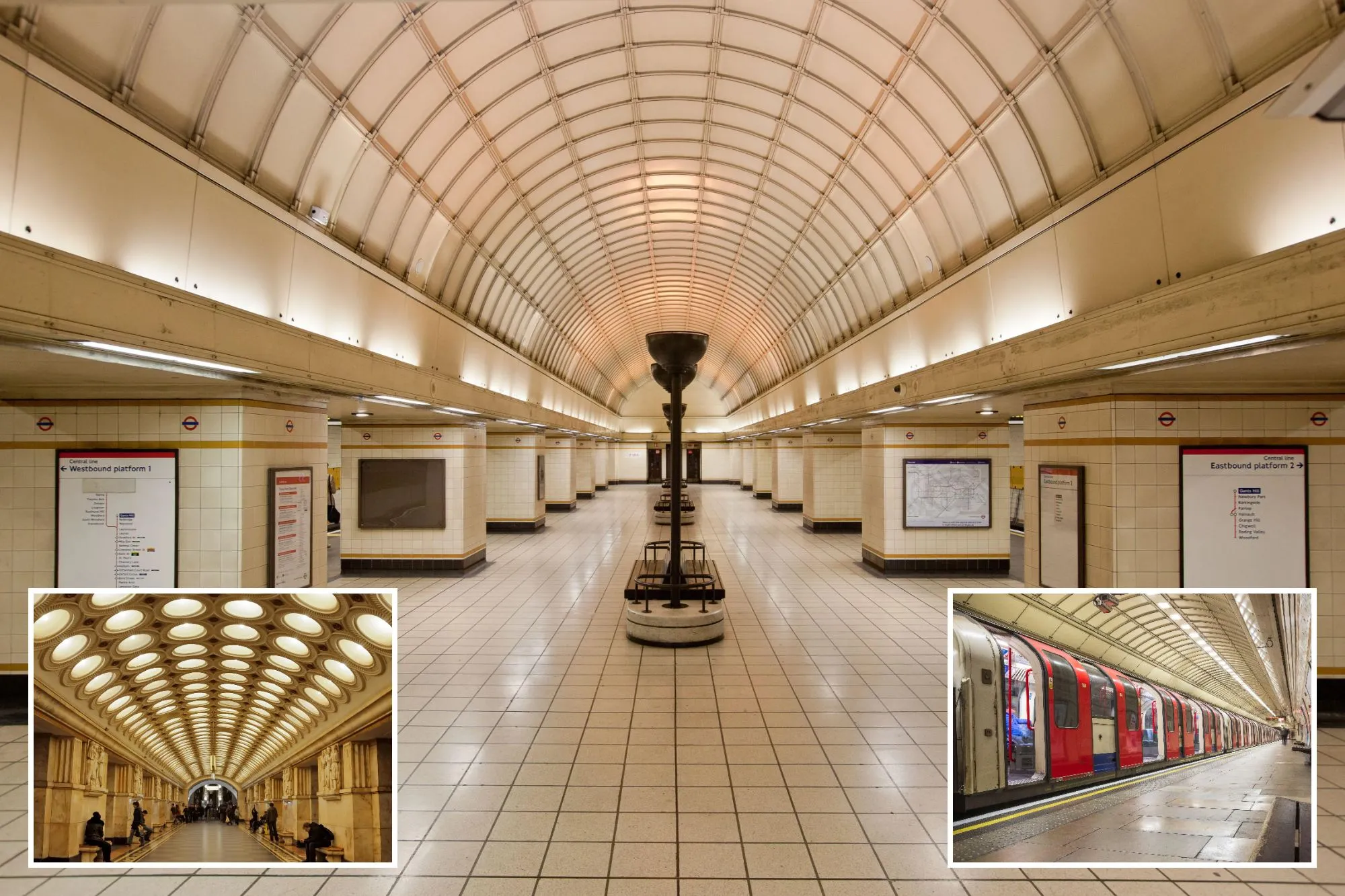 An image collage containing 3 images, Image 1 shows Architecture of Gants Hill Underground station, Image 2 shows People waiting on benches in a large, ornate subway station hall with a long, arched ceiling featuring rows of circular lights, Image 3 shows London Underground train with open doors at Gants Hill station platform