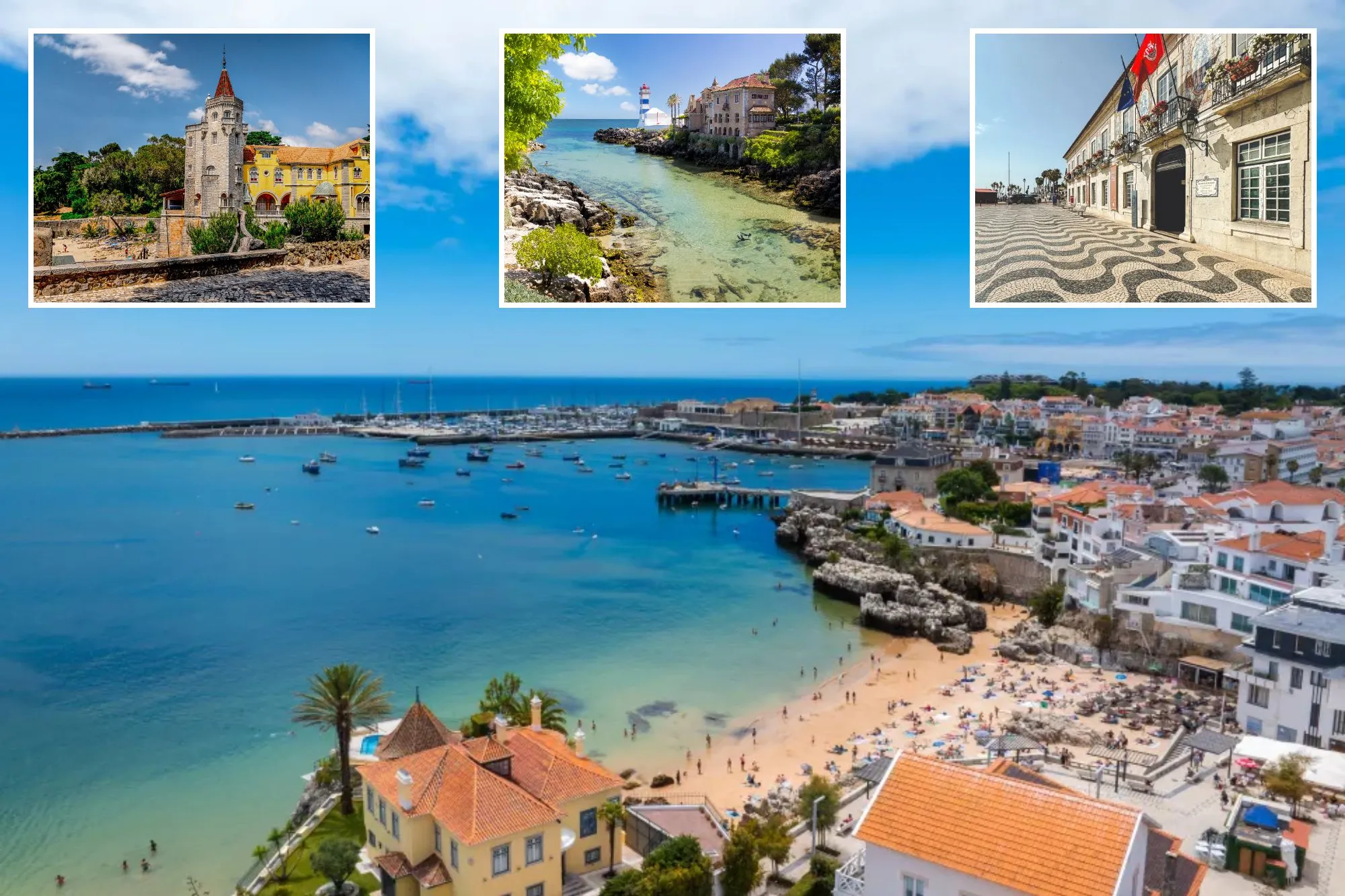An image collage containing 4 images, Image 1 shows Drone aerial view of Praia da Rainha and historic city center of Cascais, Portugal, Image 2 shows Museum dos Condes de Castro Guimaraes in Cascais, Portugal, Image 3 shows Santa Marta Lighthouse and museum in Cascais, Portugal, Image 4 shows City street in Cascais historic center, Lisbon, Portugal