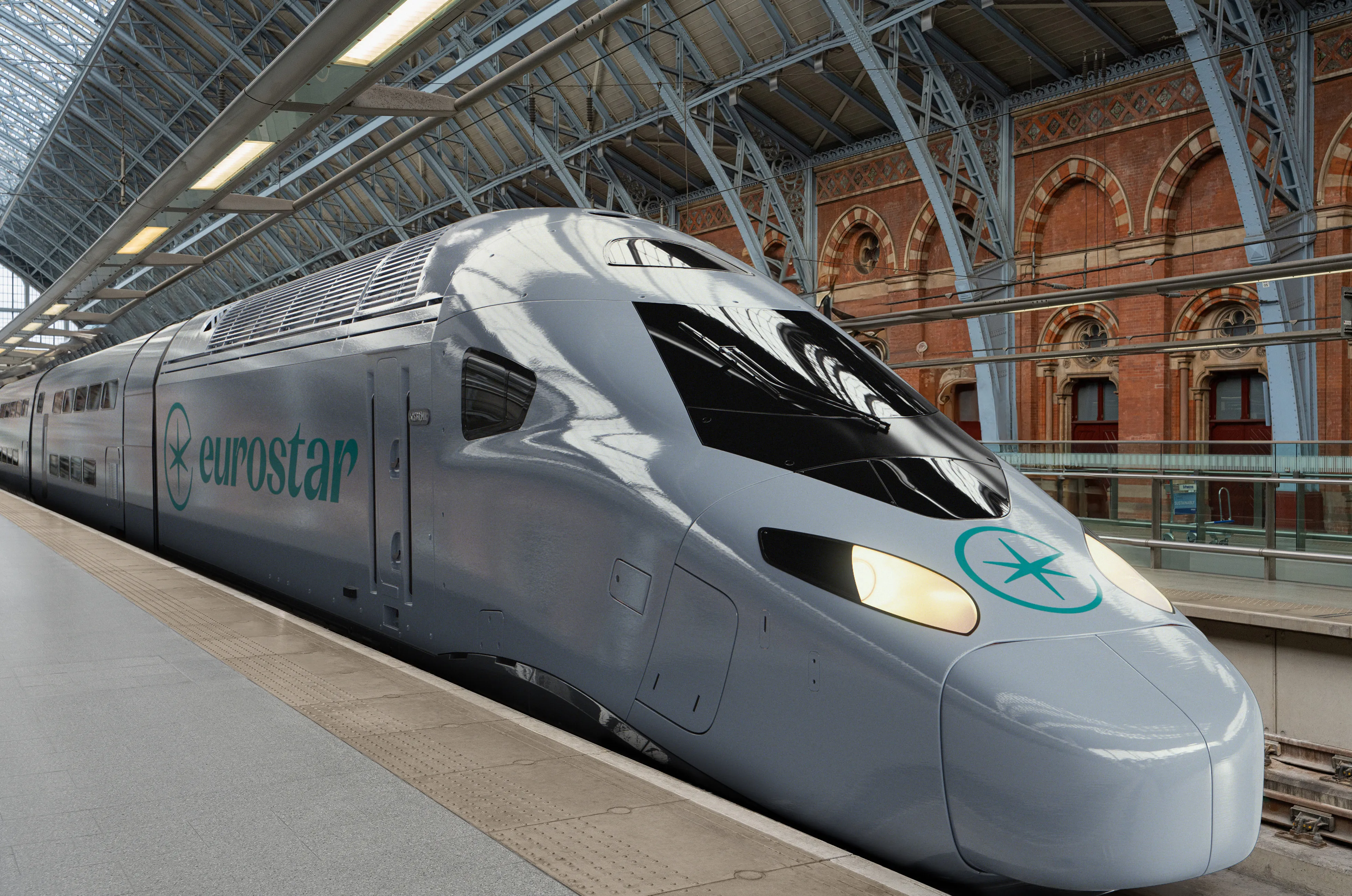 Illustration of a grey Eurostar Celestia double-decker train at a station.