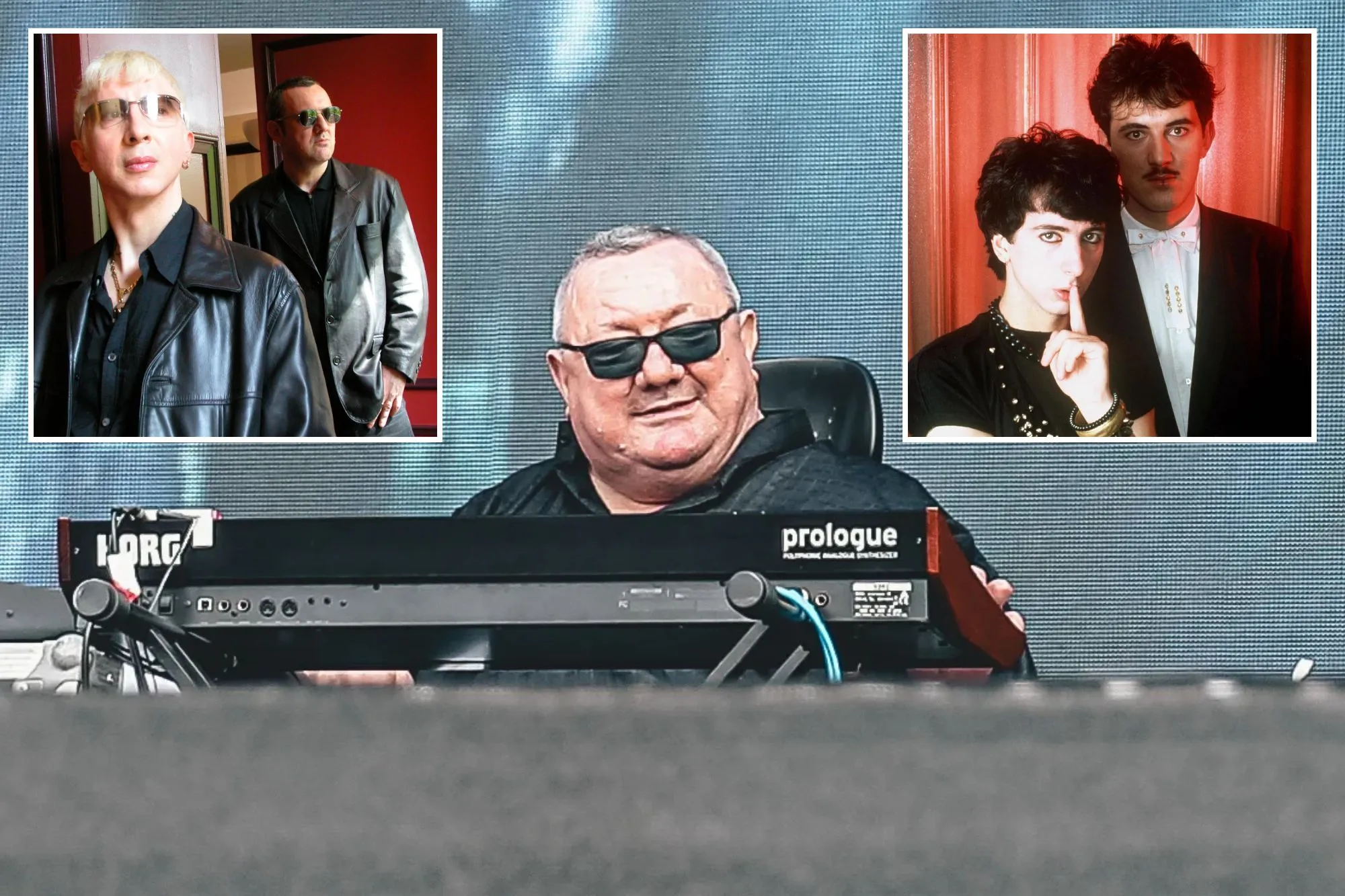An image collage containing 3 images, Image 1 shows A man wearing sunglasses sits at a Korg Prologue keyboard, Image 2 shows Photo of SOFT CELL, Marc Almond and David Ball, wearing leather jackets, Image 3 shows Soft Cell band members Marc Almond and Dave Ball
