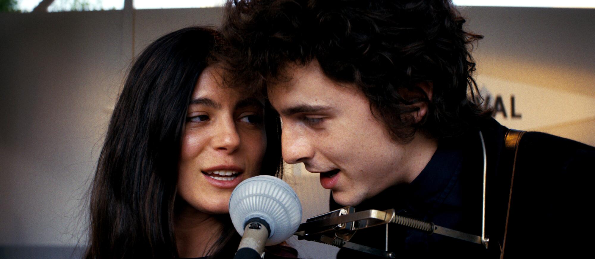 Monica Barbaro and Timothée Chalamet in "A Complete Unknown."