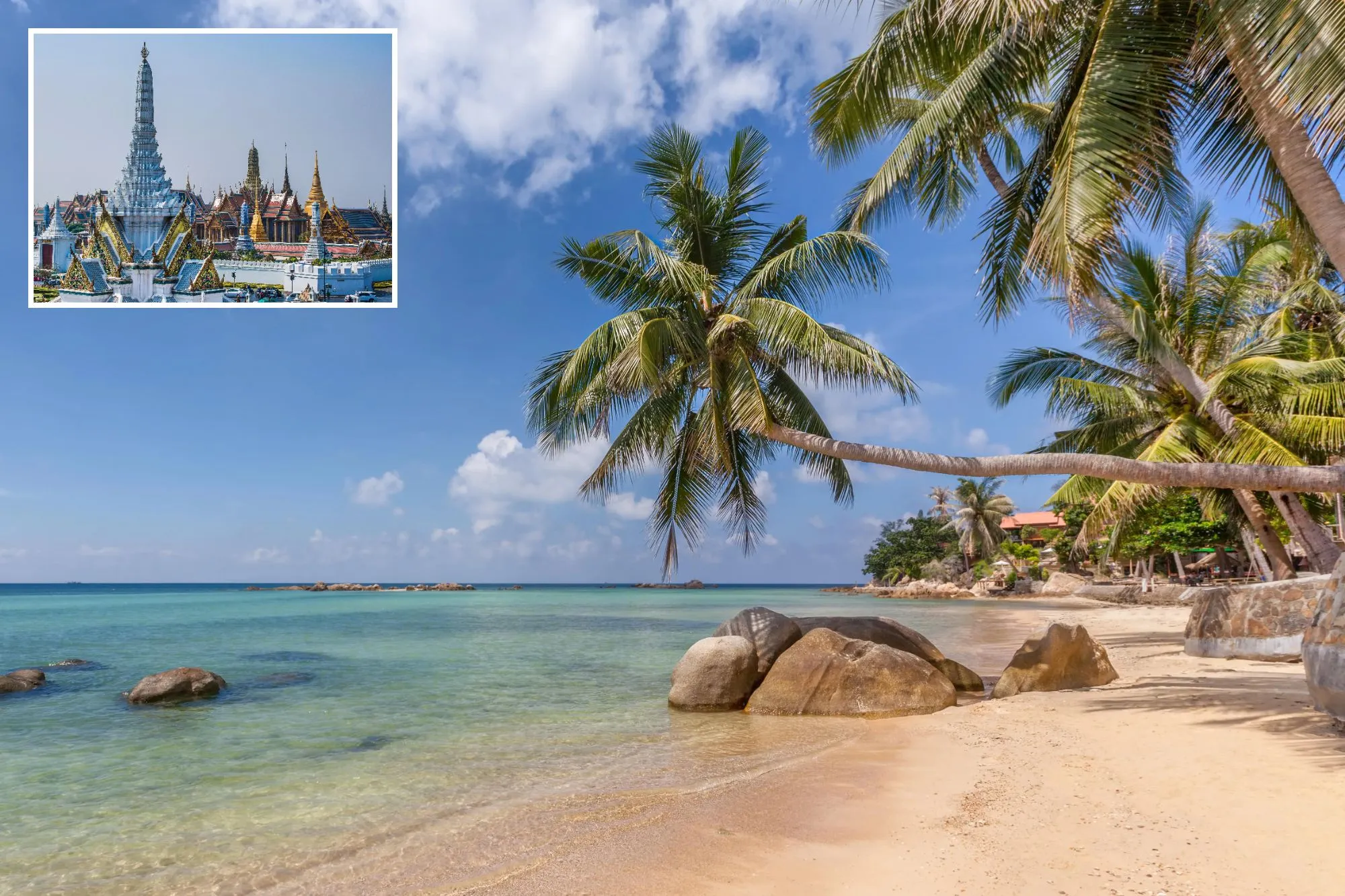 An image collage containing 2 images, Image 1 shows Phao Beach, Haad Chao, Koh Phangan island, Thailand with palm trees, bungalows and the sea, Image 2 shows Wat Phra Kaew temple and Royal Palace in Bangkok, Thailand